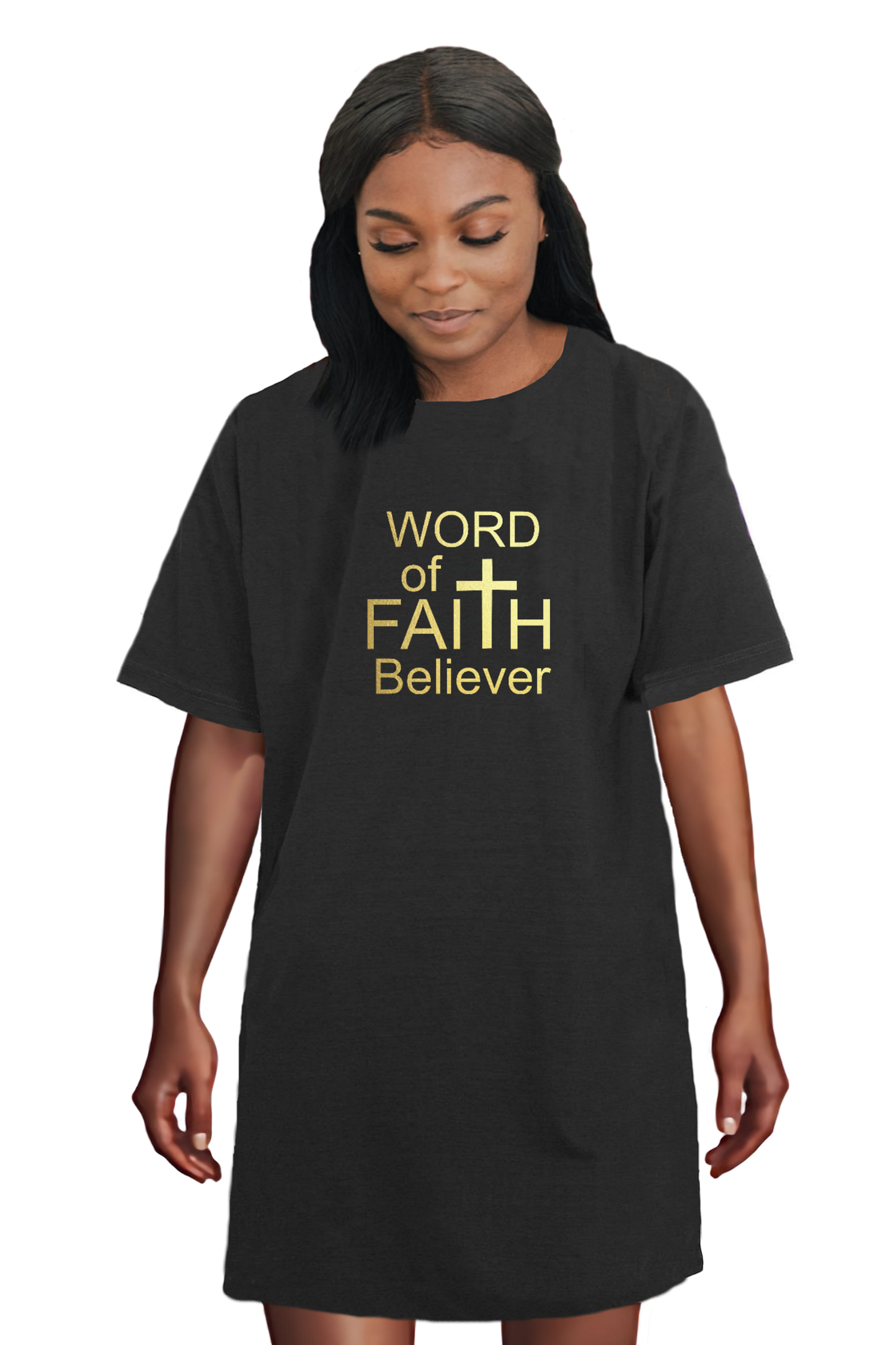 Woman wearing a black Heavenly Dreamwear t-shirt dress with the text "Word of Faith Believer" in gold.