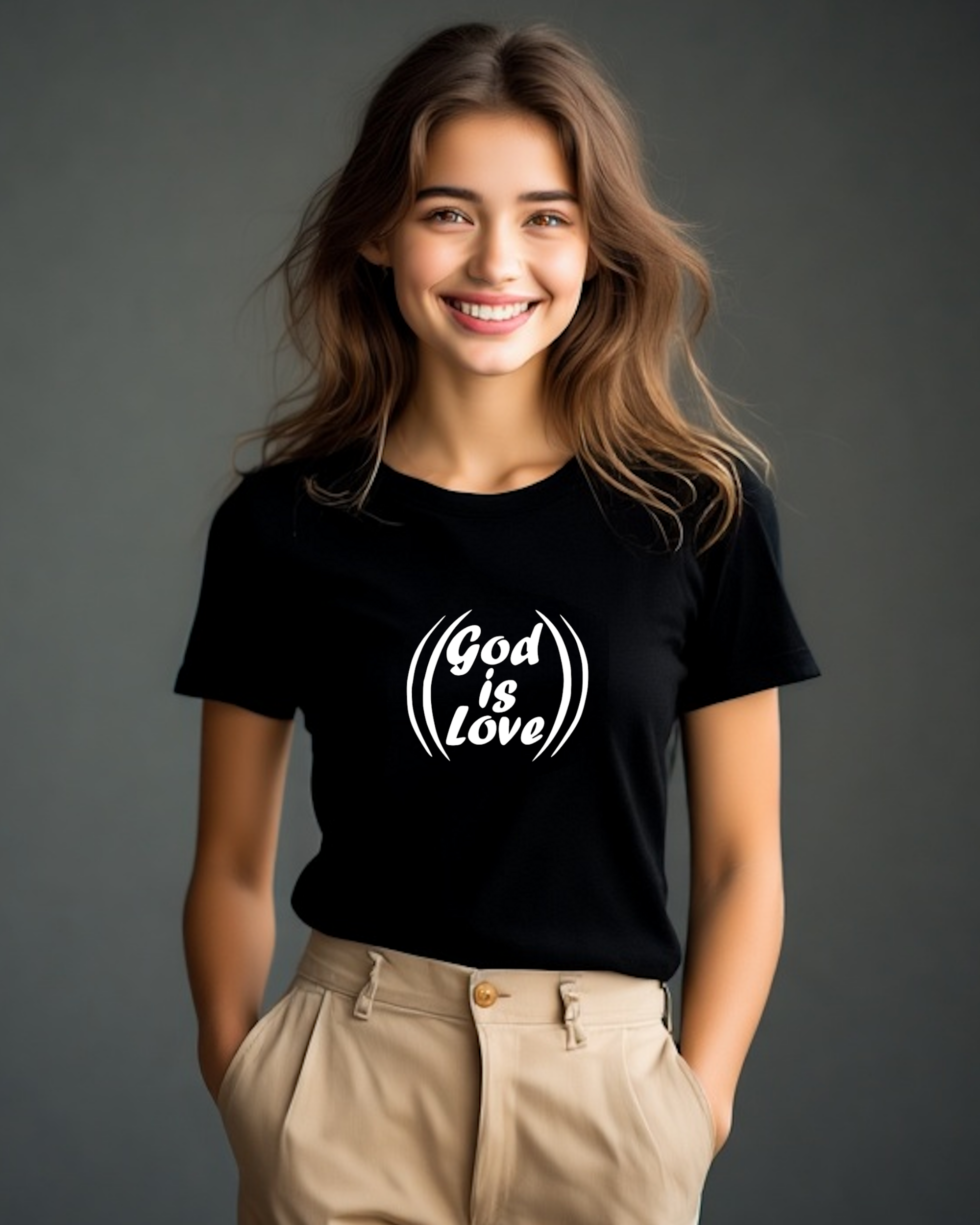A woman wearing a black t-shirt with a white "God is Love" logo printed on the front.