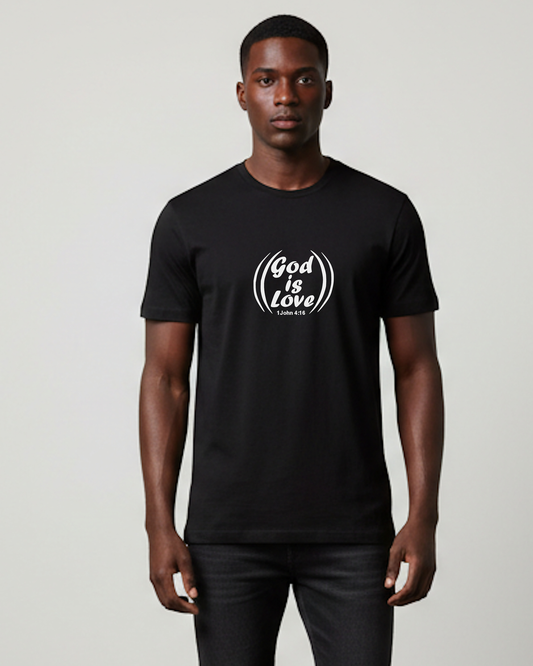 Man wearing a black t-shirt with 'God is Love' text on a plain background