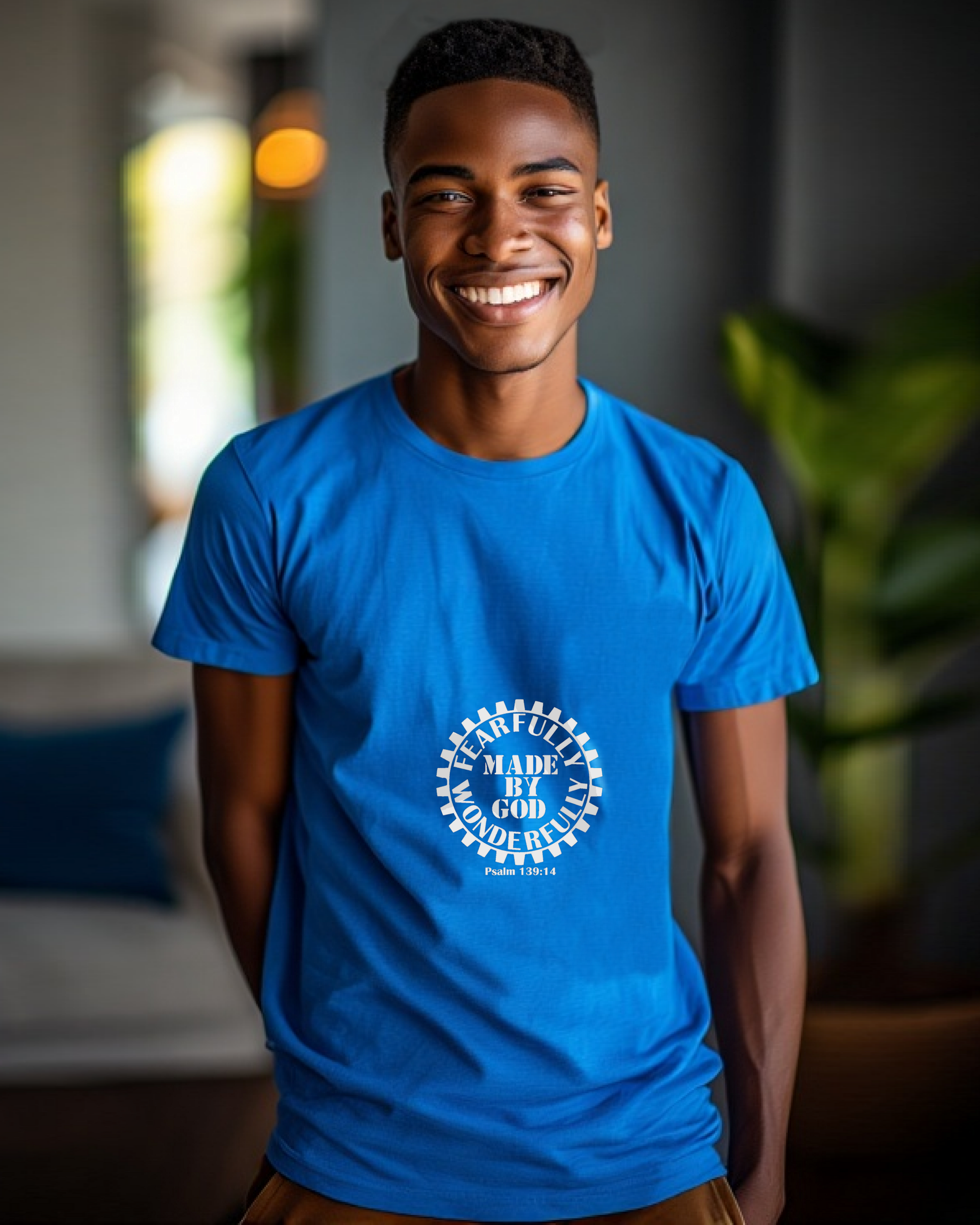 A man in a lounge wearing a blue t-shirt with a white Heavenly Dreamwear logo with the text "Fearfully Wonderfully Made by God" inside a geared wheel.