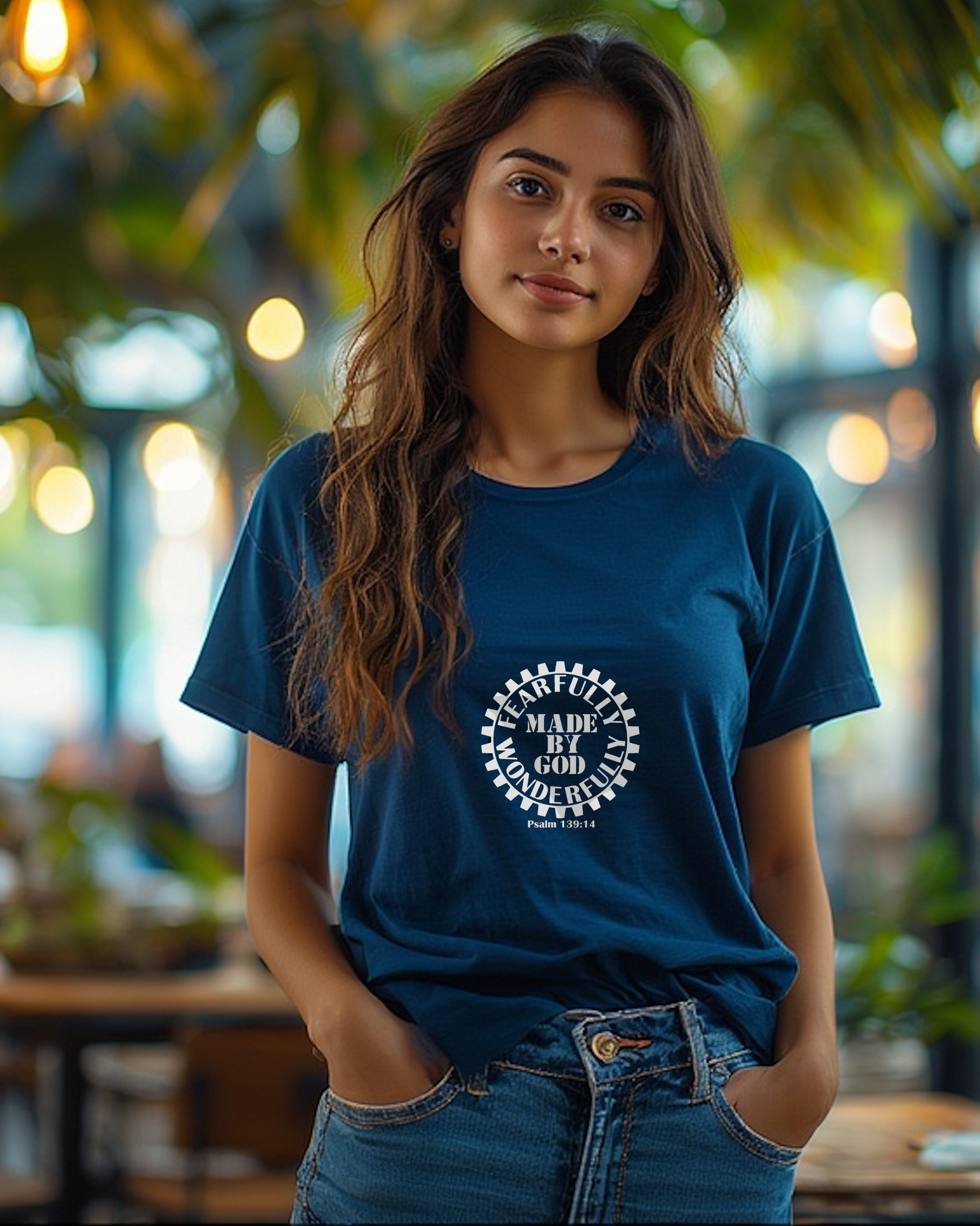 A woman in a lounge wearing a blue t-shirt with a white Heavenly Dreamwear logo with the text "Fearfully Wonderfully Made by God" inside a geared wheel.