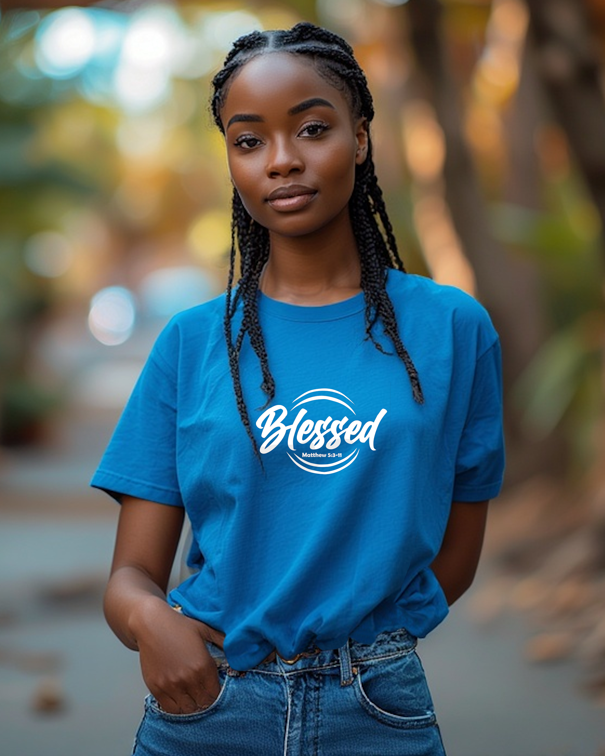 A woman wearing a blue t-shirt with white 'Blessed' logo outdoors