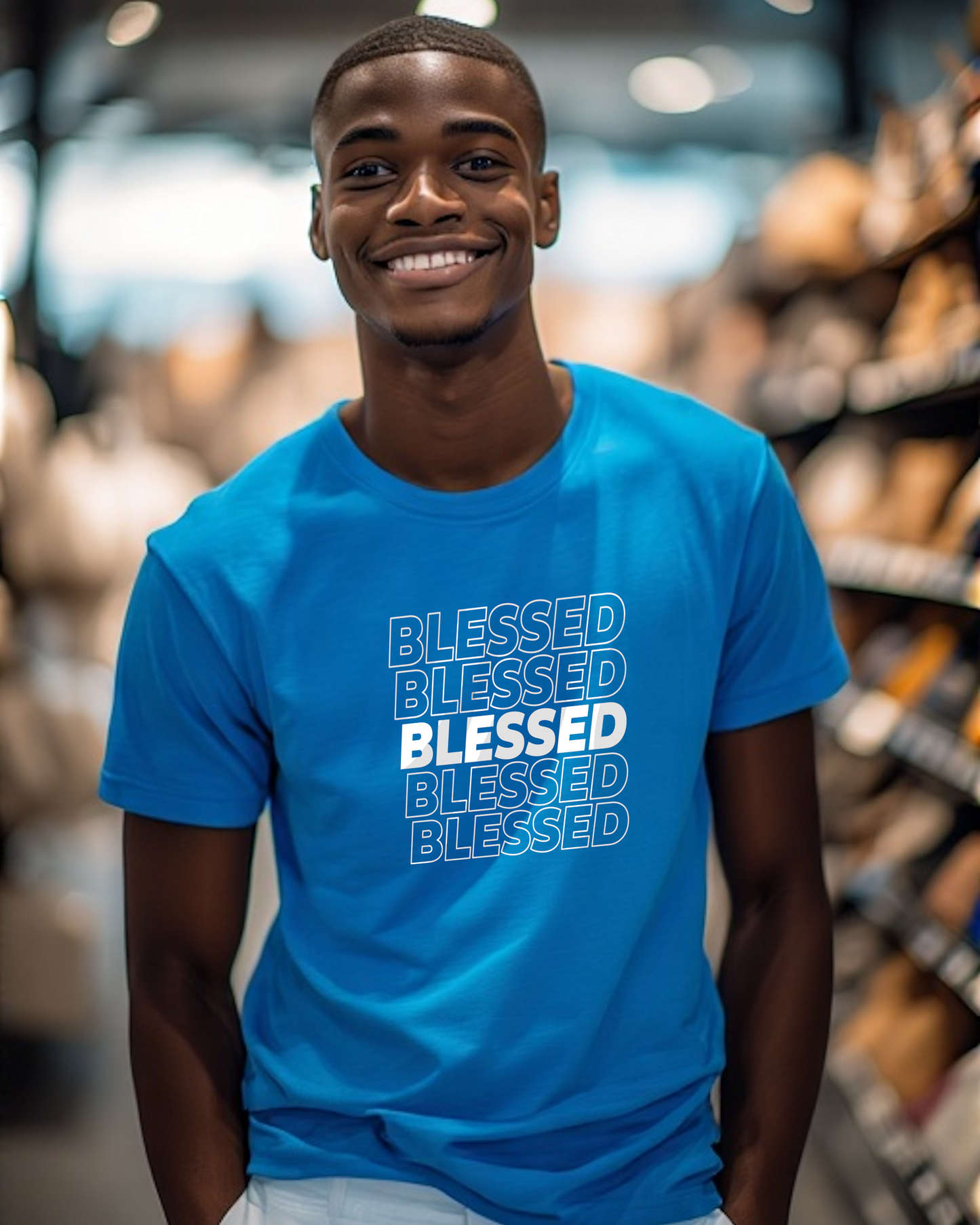 A young man in a shop wearing a blue t-shirt with multiple lines of "Blessed" text printed on the front.