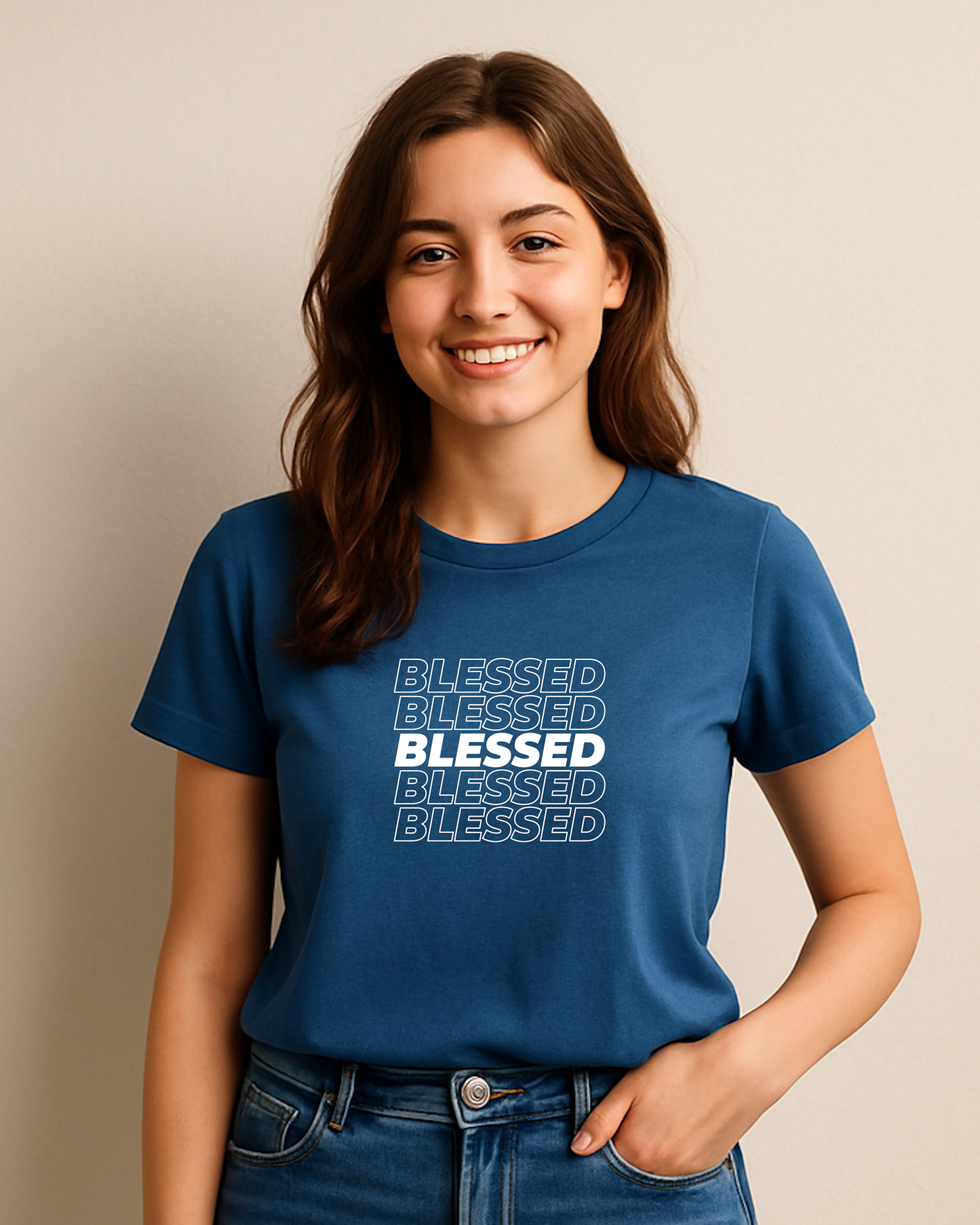 A young woman wearing a blue t-shirt with multiple lines of "Blessed" text printed on the front.