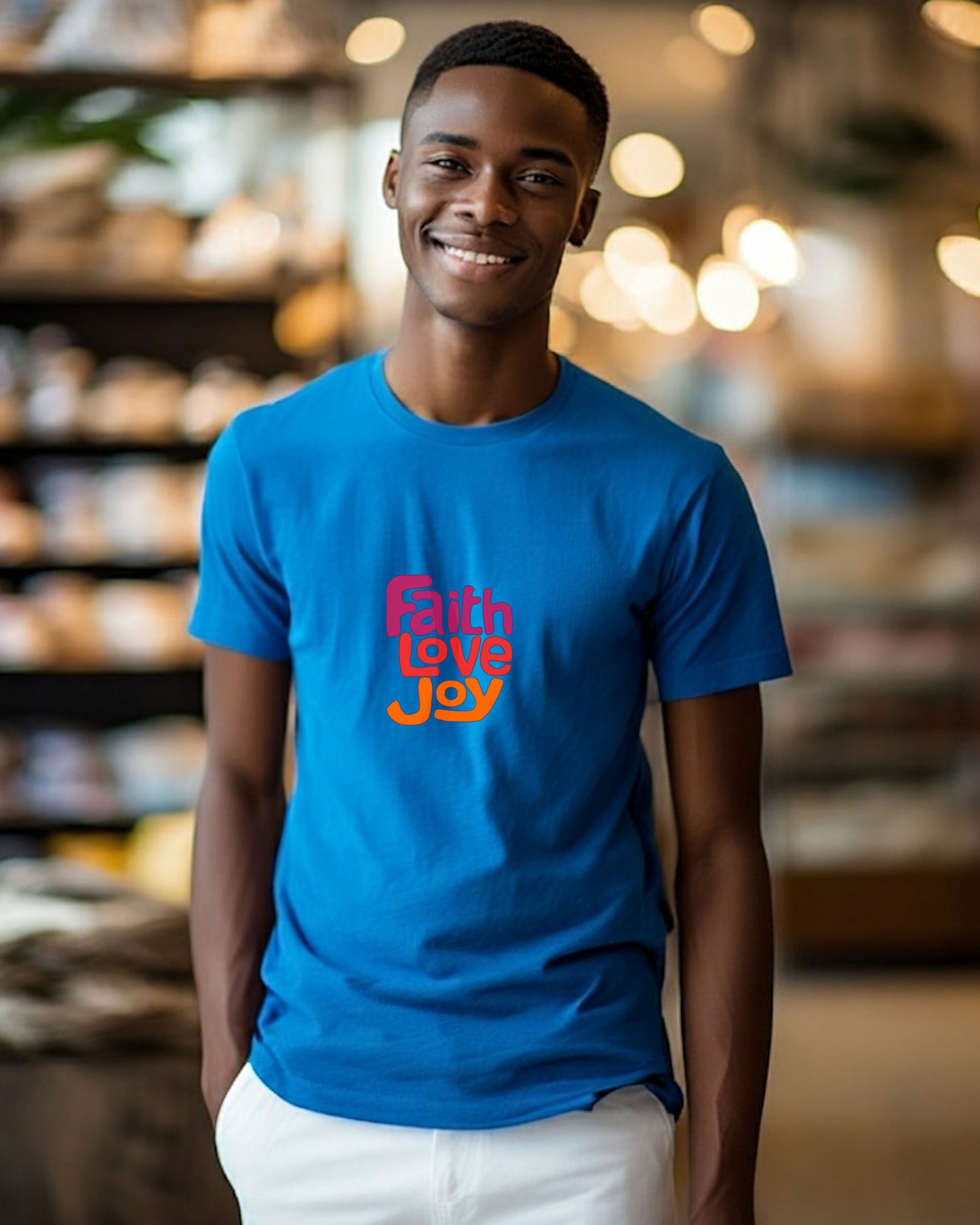 Man wearing a blue t-shirt with 'Faith Love Joy' text in a store setting