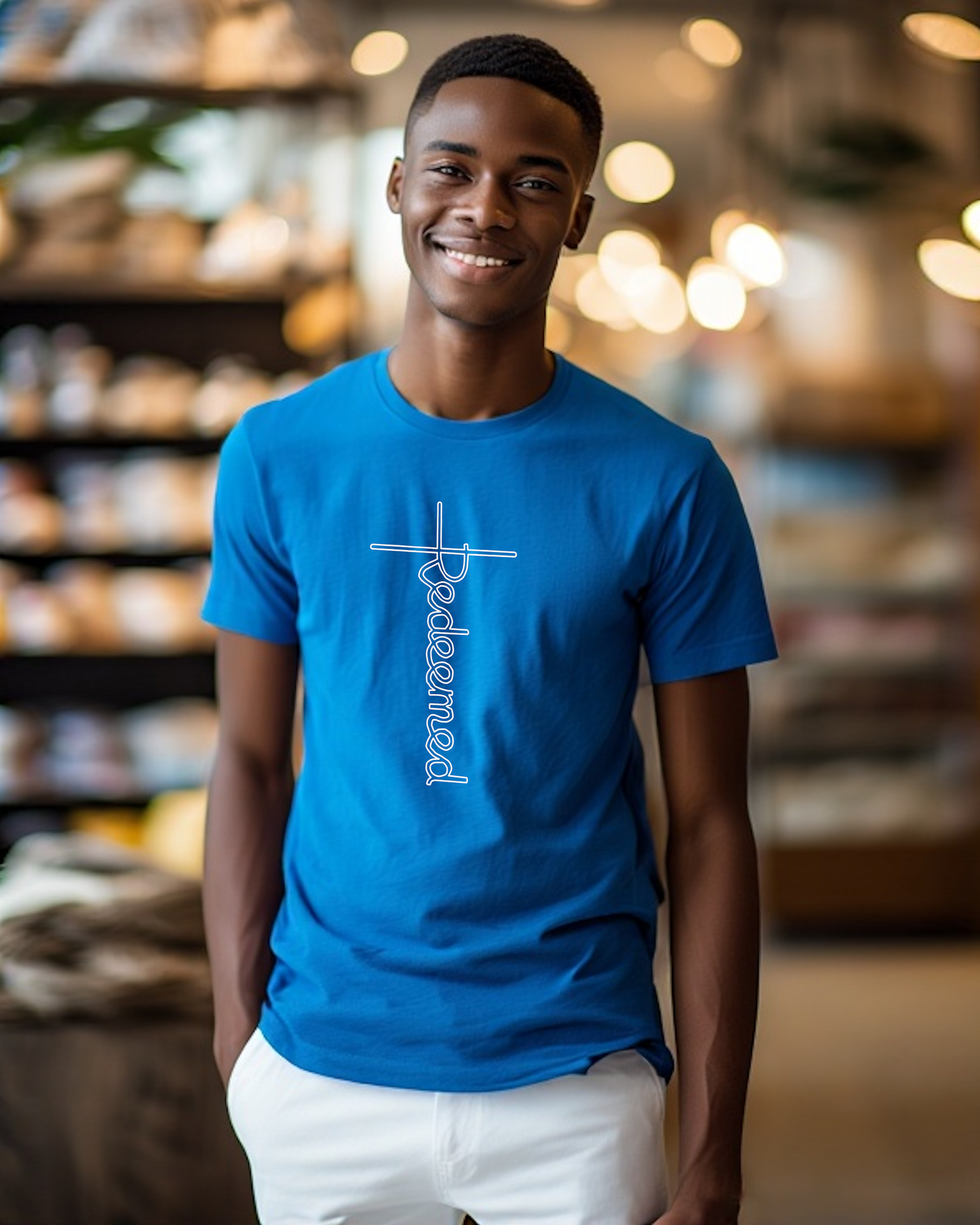 A man standing in a shop wearing a blue t-shirt with an elaborate white Heavenly Dreamwear designed cross-shaped 'Redeemed' logo printed on the front.