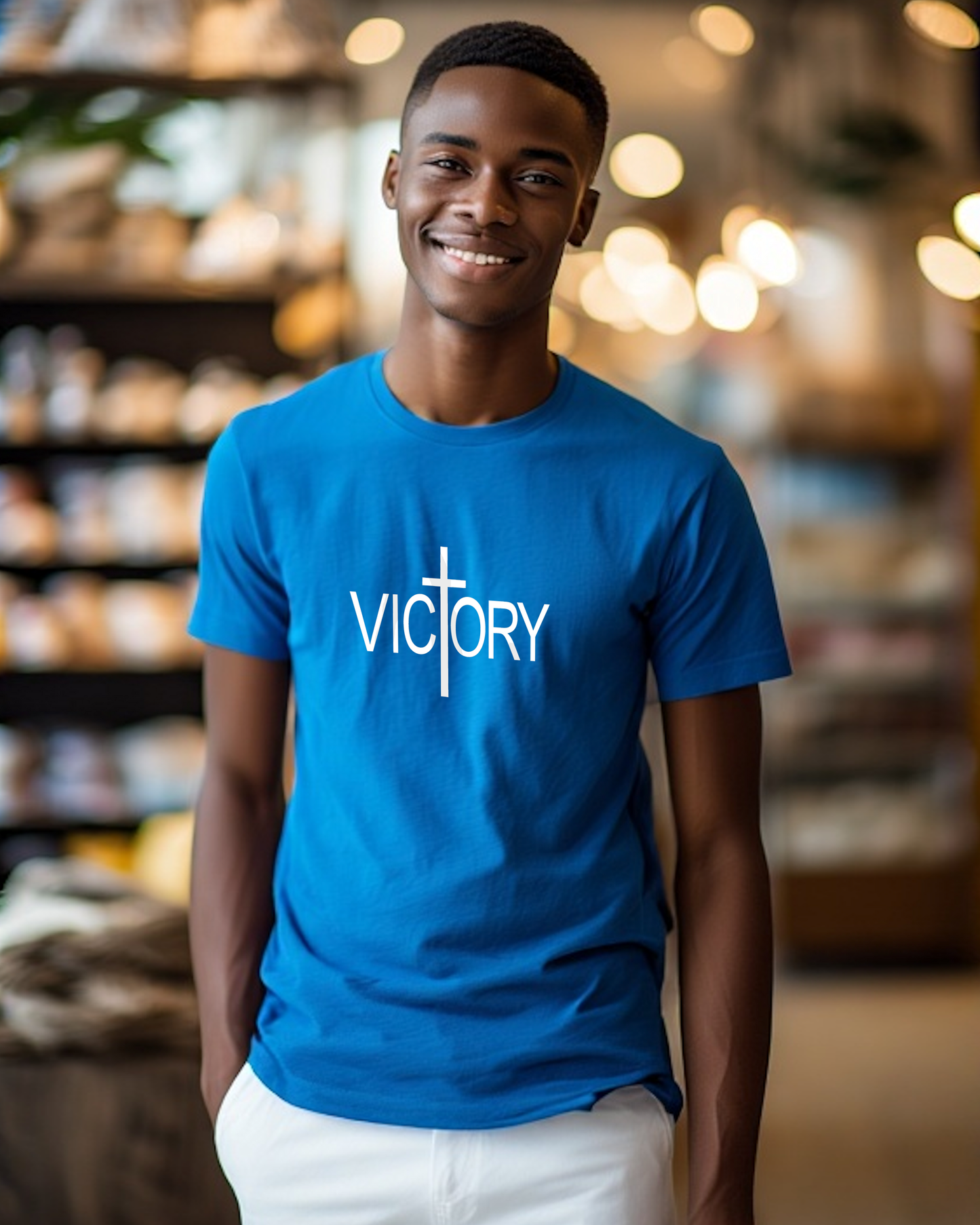 A man wearing a blue t-shirt with a white Heavenly Dreamwear "Victory" logo printed on the front, standing in a store.