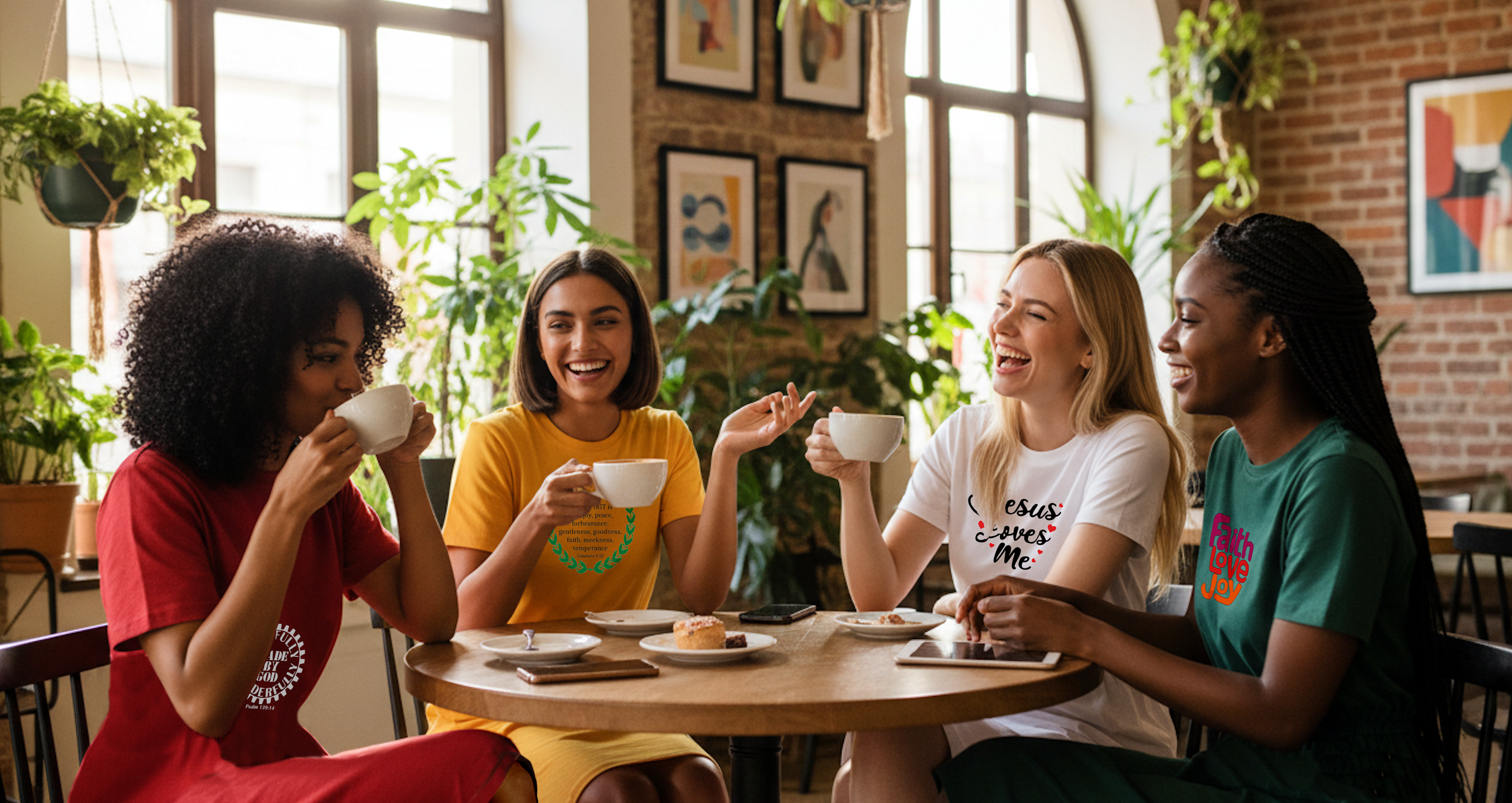 Four women sitting around a table in a cozy cafe, enjoying coffee and conversation. All wearing loungewear t-shirt dresses