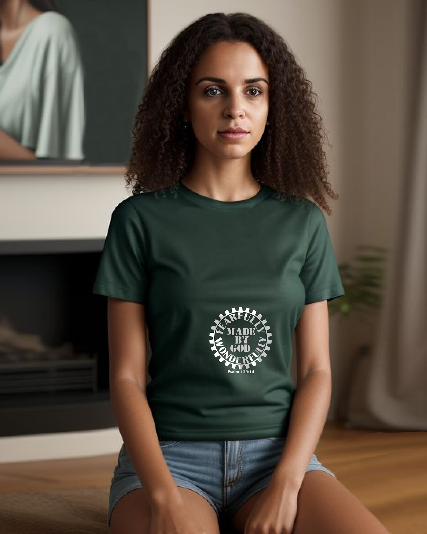 A young woman wearing a dark green t-shirt with a white Heavenly Dreamwear logo with the text "Fearfully Wonderfully Made by God" inside a geared wheel.