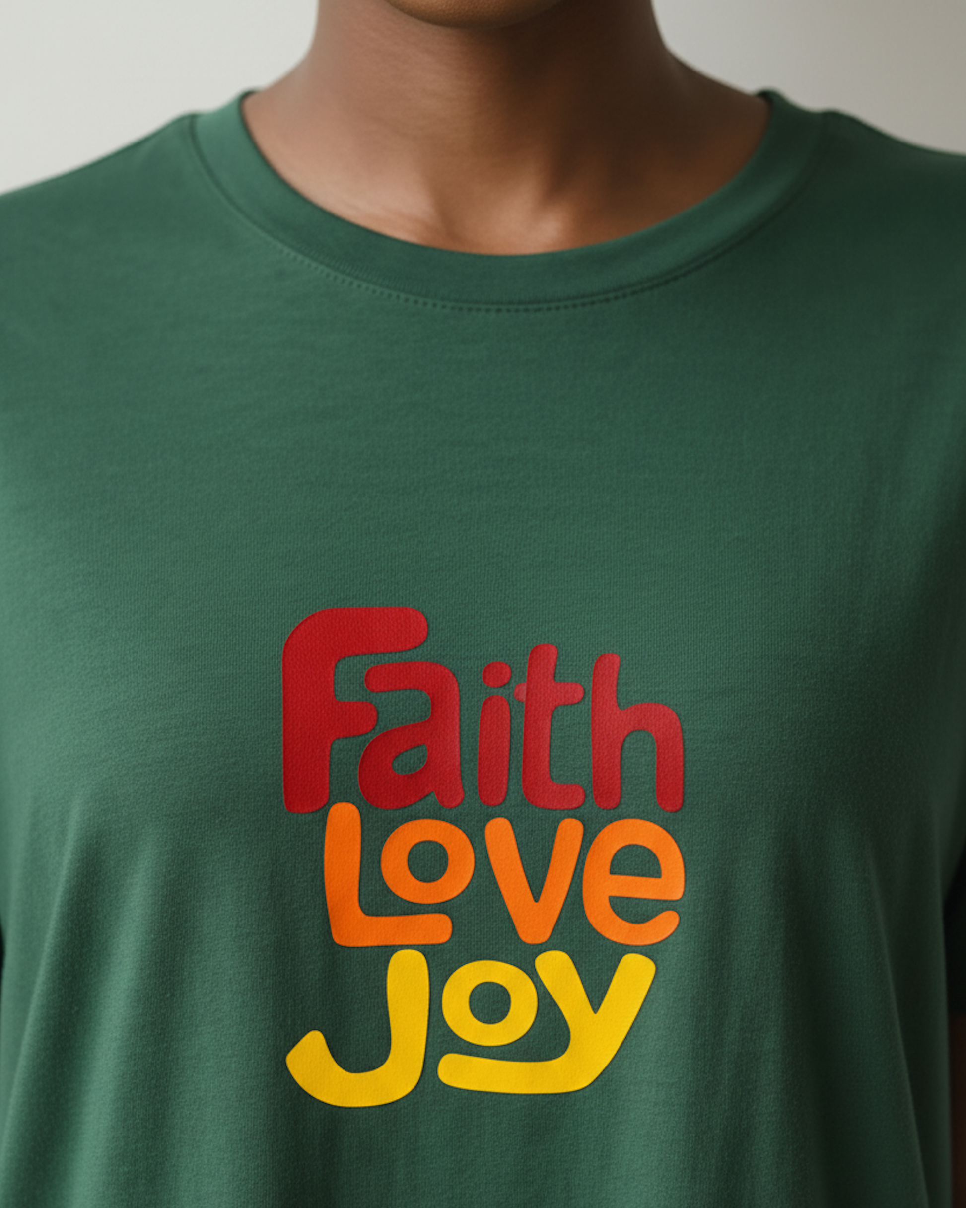 Closeup of the neck line of a green t-shirt dress with 'Faith Love Joy' text in red, orange, and yellow.
