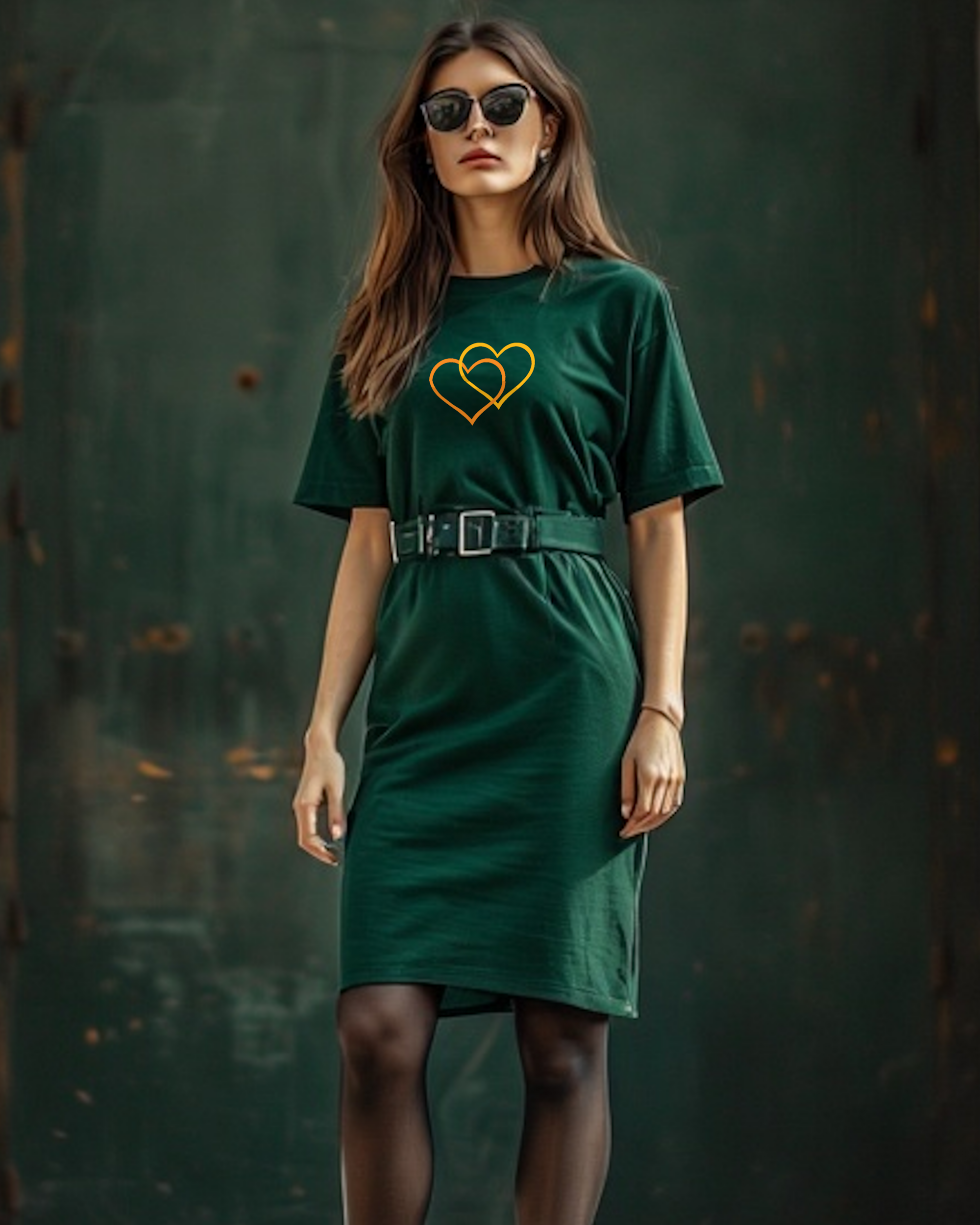 A woman standing in a street wearing sunglasses, trainers, and a dark green t-shirt dress with a Heavenly Dreamwear logo made of an orange and a yellow intertwined heart shape.