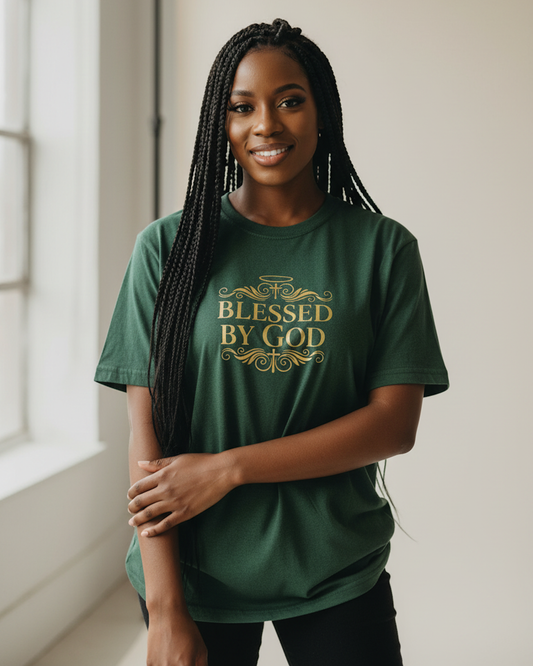 Woman wearing a green t-shirt with gold'Blessed by God' text logo, standing indoors.