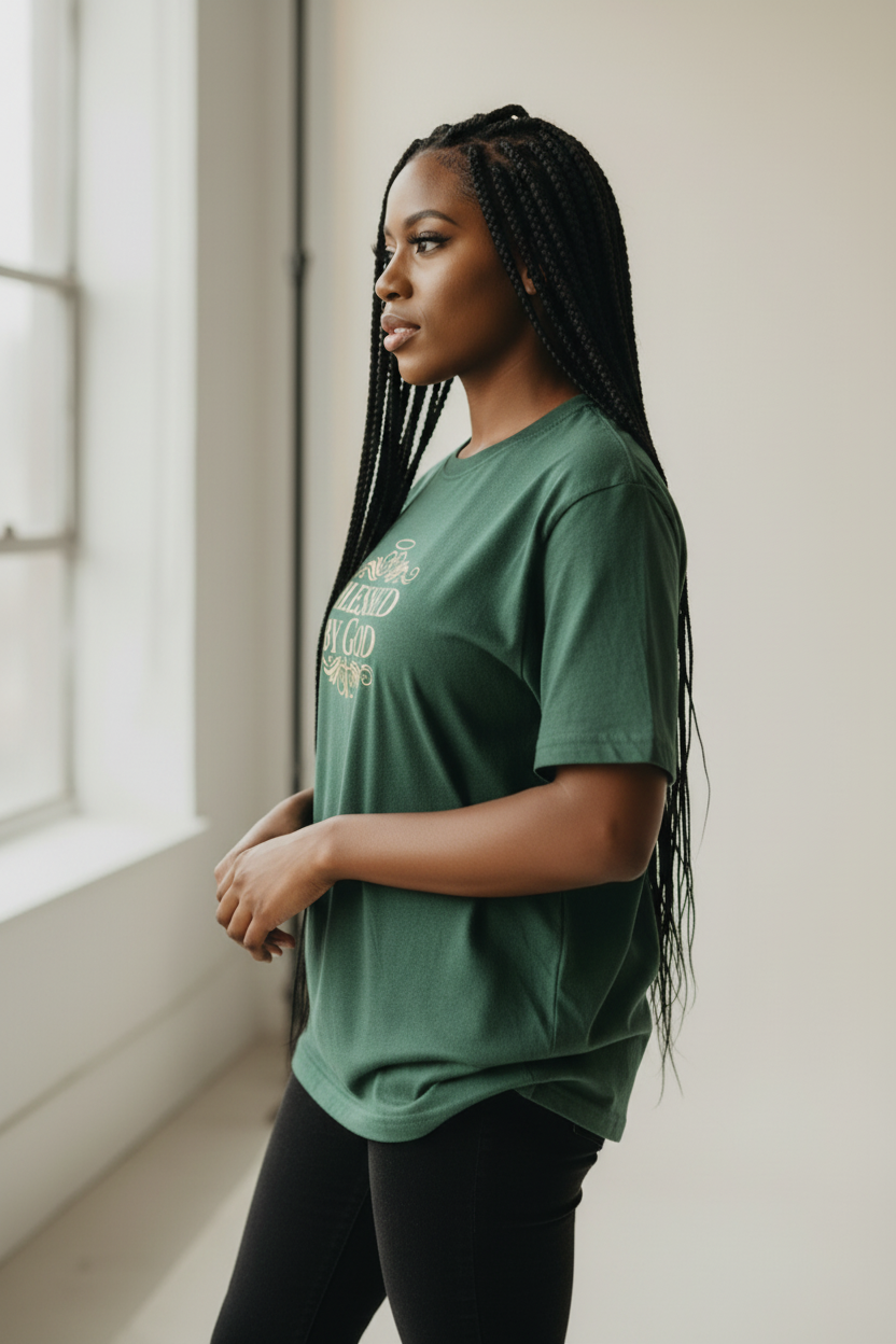 Woman wearing a green t-shirt standing by a window