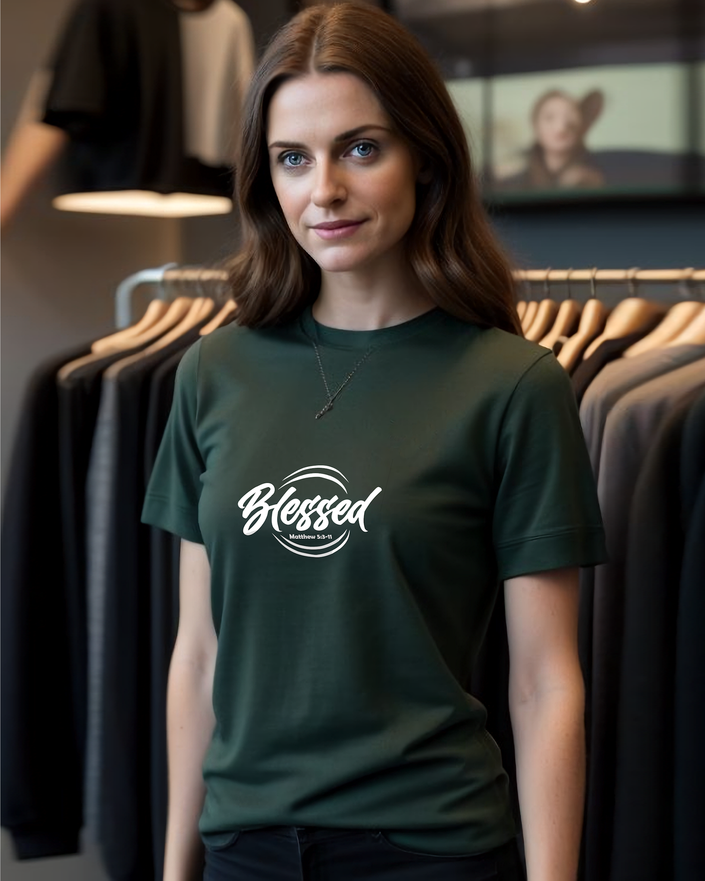 A young woman wearing a green t-shirt with a white text logo that says 'Blessed' in a clothes shop.