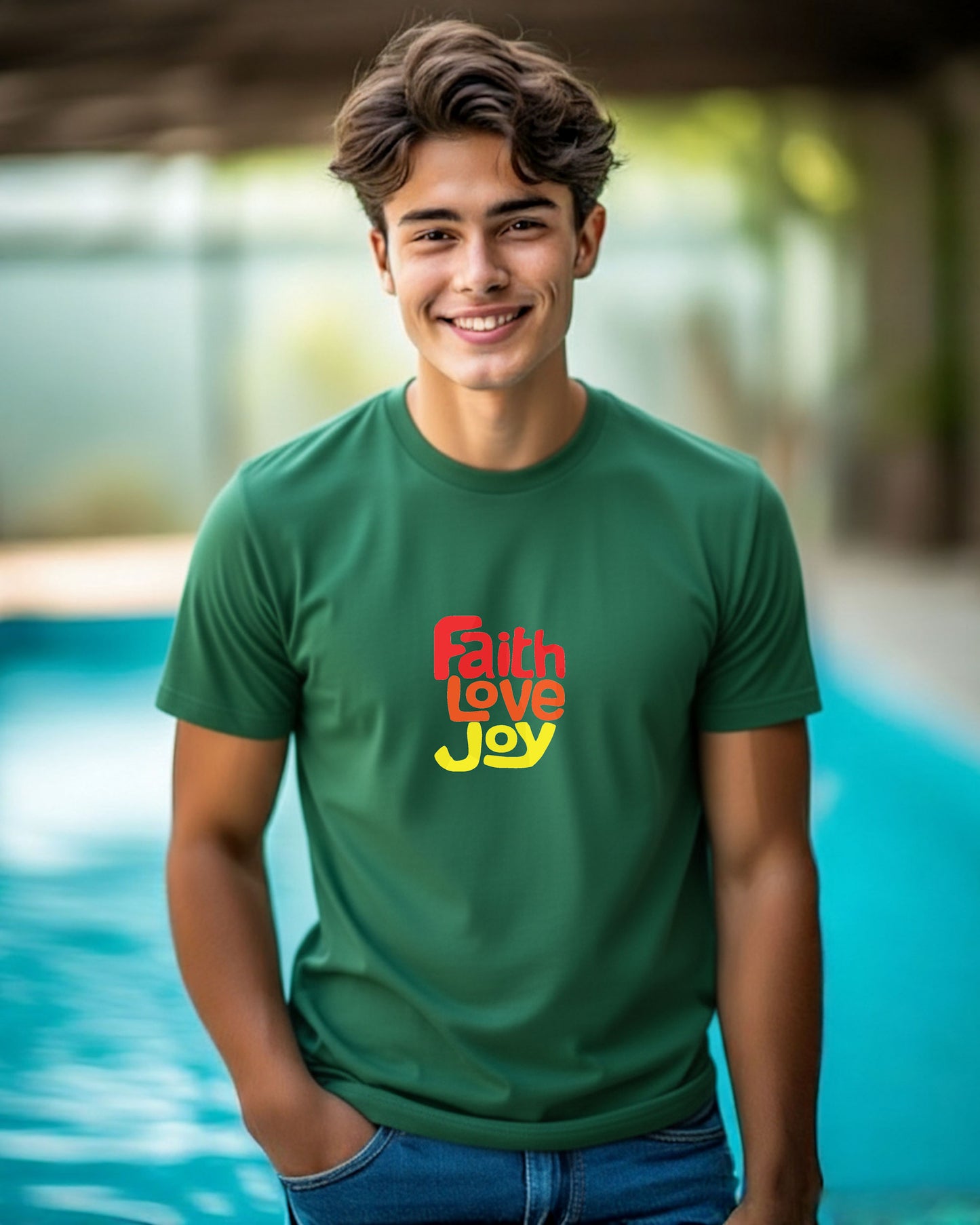 A man wearing a green t-shirt with 'Faith Love Joy' text by a pool.