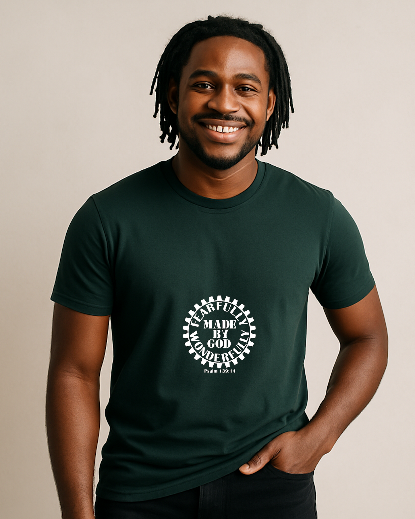 A young man wearing a dark green t-shirt with a white Heavenly Dreamwear logo with the text "Fearfully Wonderfully Made by God" inside a geared wheel.