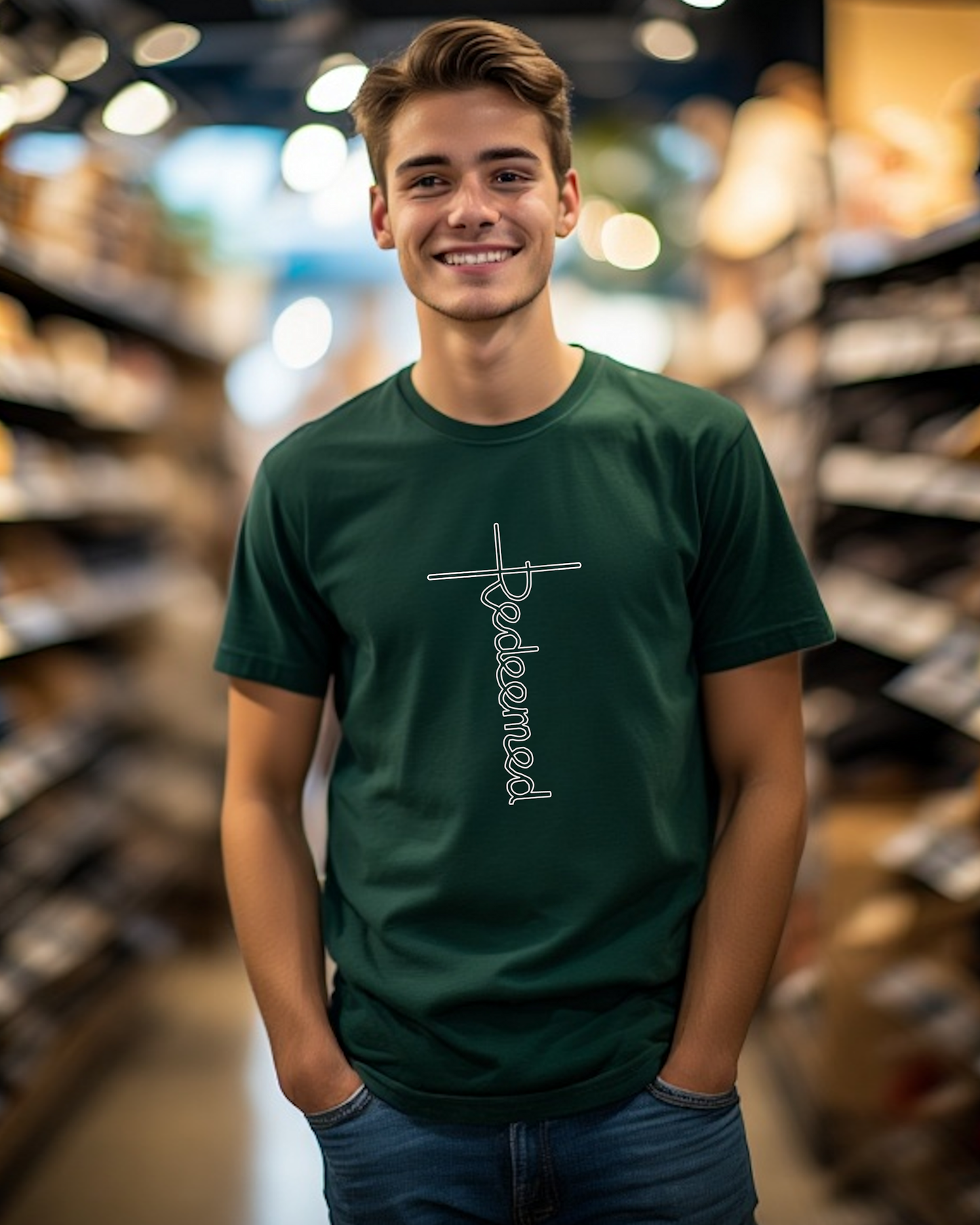A man standing in a store wearing a dark green t-shirt with an elaborate white Heavenly Dreamwear designed 'Redeemed' logo printed on the front.