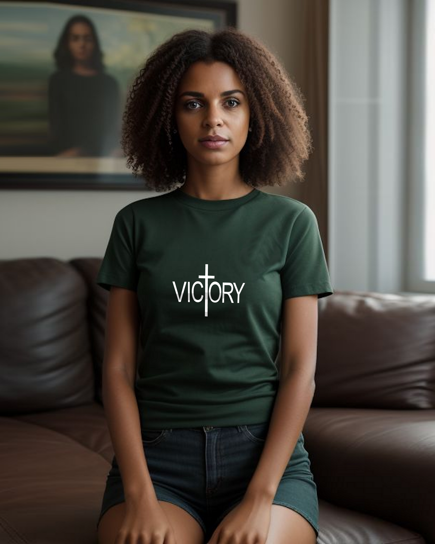 A woman wearing a dark green t-shirt with a white Heavenly Dreamwear "Victory" logo printed on the front, sitting on a couch.