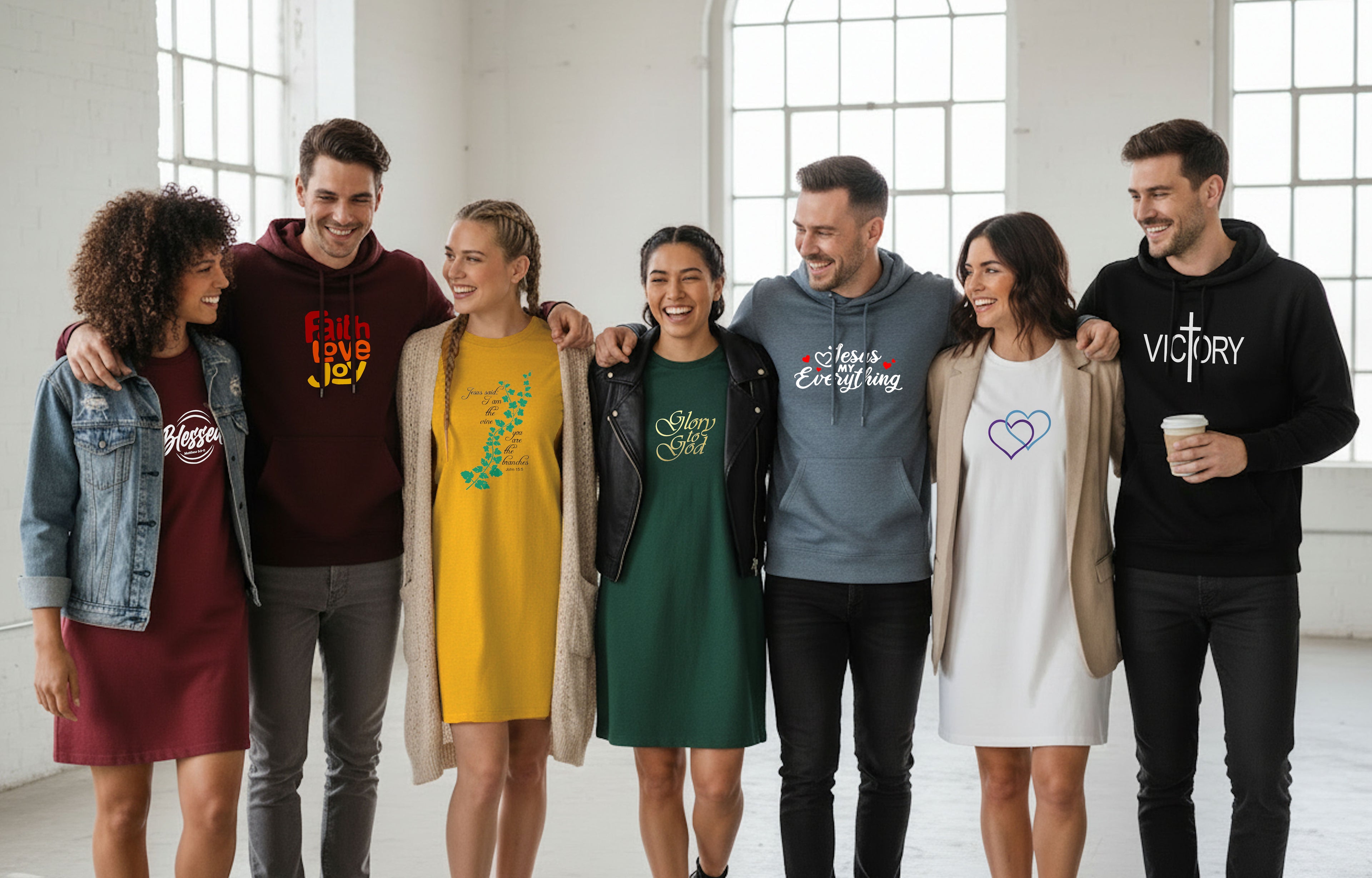 Group of people wearing various hoodies and t-shirt dresses with different logo designs and text.