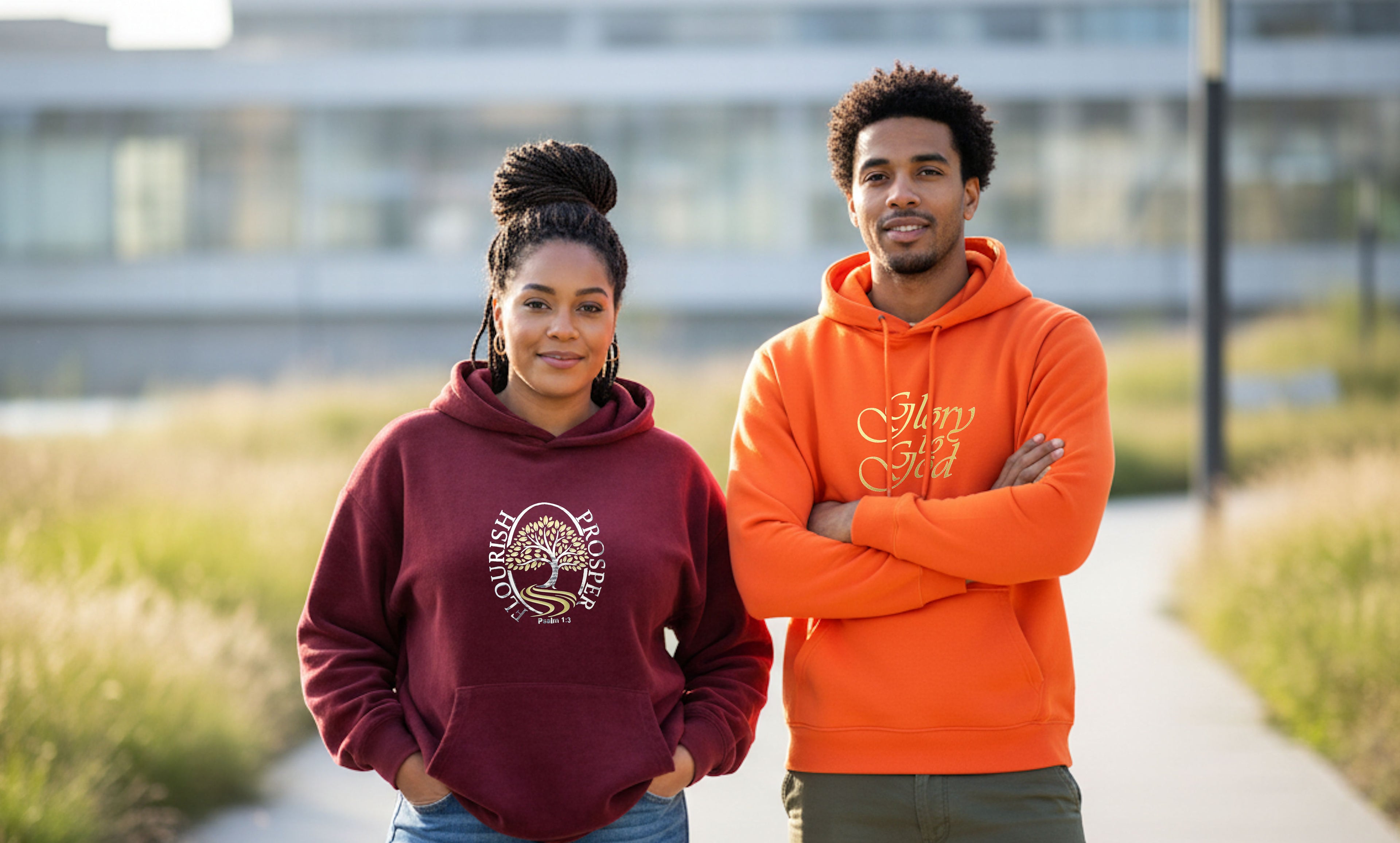 Two people wearing hoodies with Heavenly Dreamwear logos standing on a path with grass and a building in the background