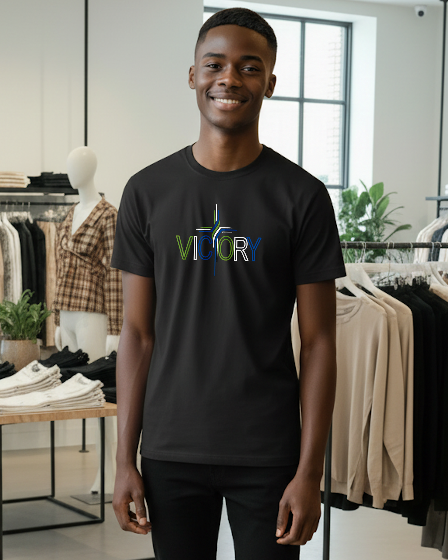 A smiling man wearing a black t-shirt with a colorful 'VICTORY' graphic on the chest, standing in a clothing store with racks of shirts and mannequins in the background.