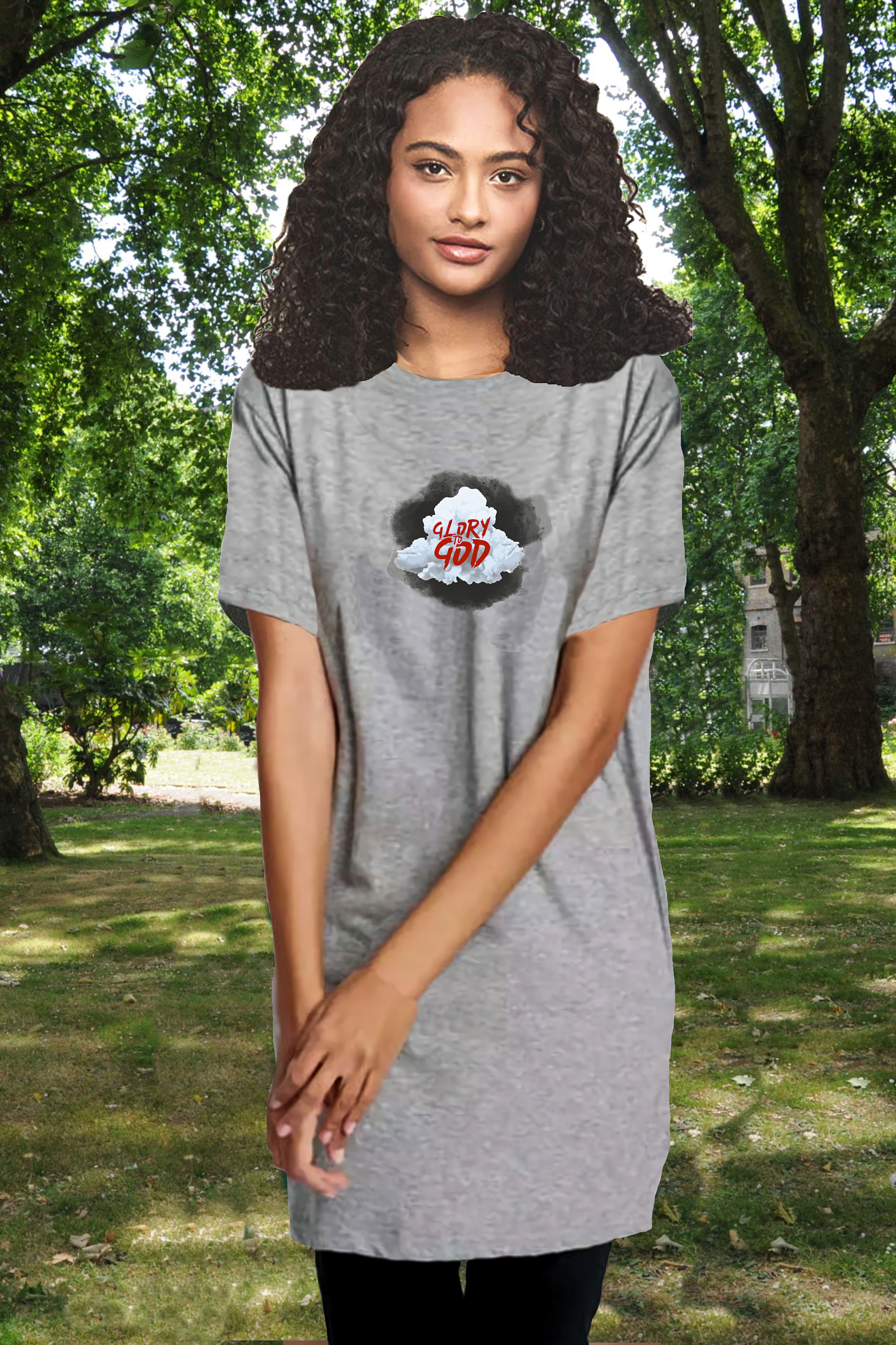 Woman wearing a grey Heavenly Dreamwear t-shirt dress with a Glory to God cloud logo.