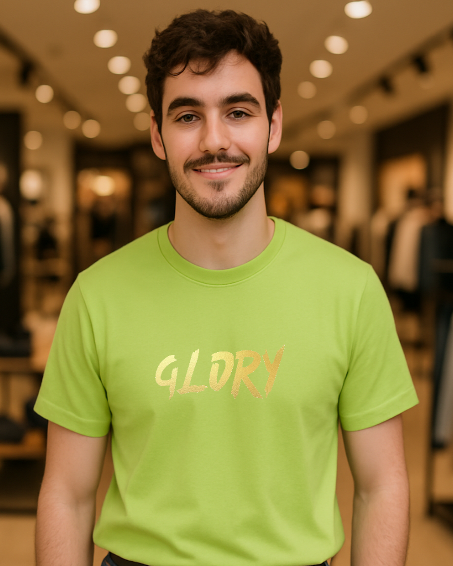 A man in a store wearing a lime green t-shirt with a gold "Glory" text logo printed on the front.