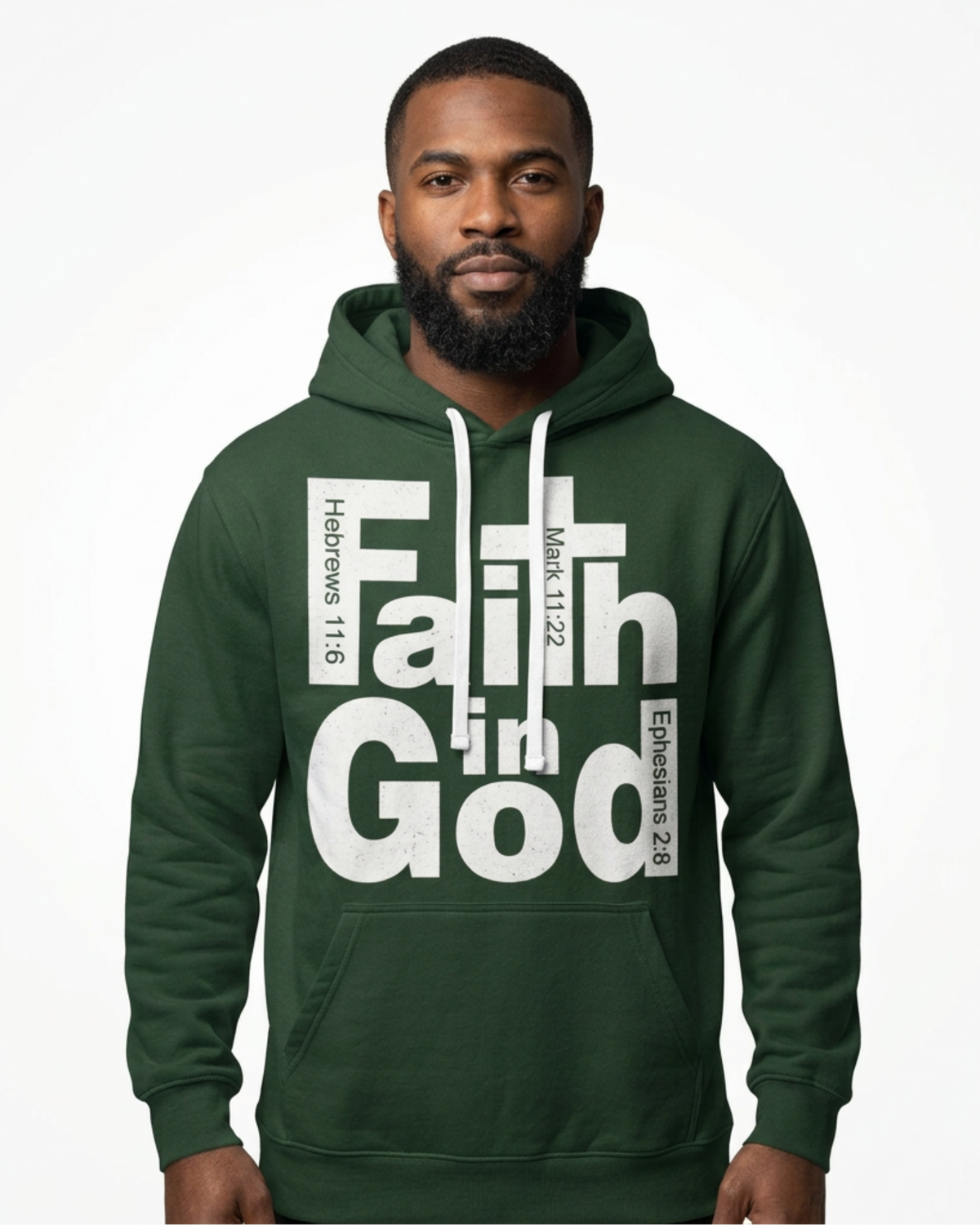 A man wearing a green hoodie with a large white graphic print that reads 'Faith in God' with scripture references, standing against a white background.