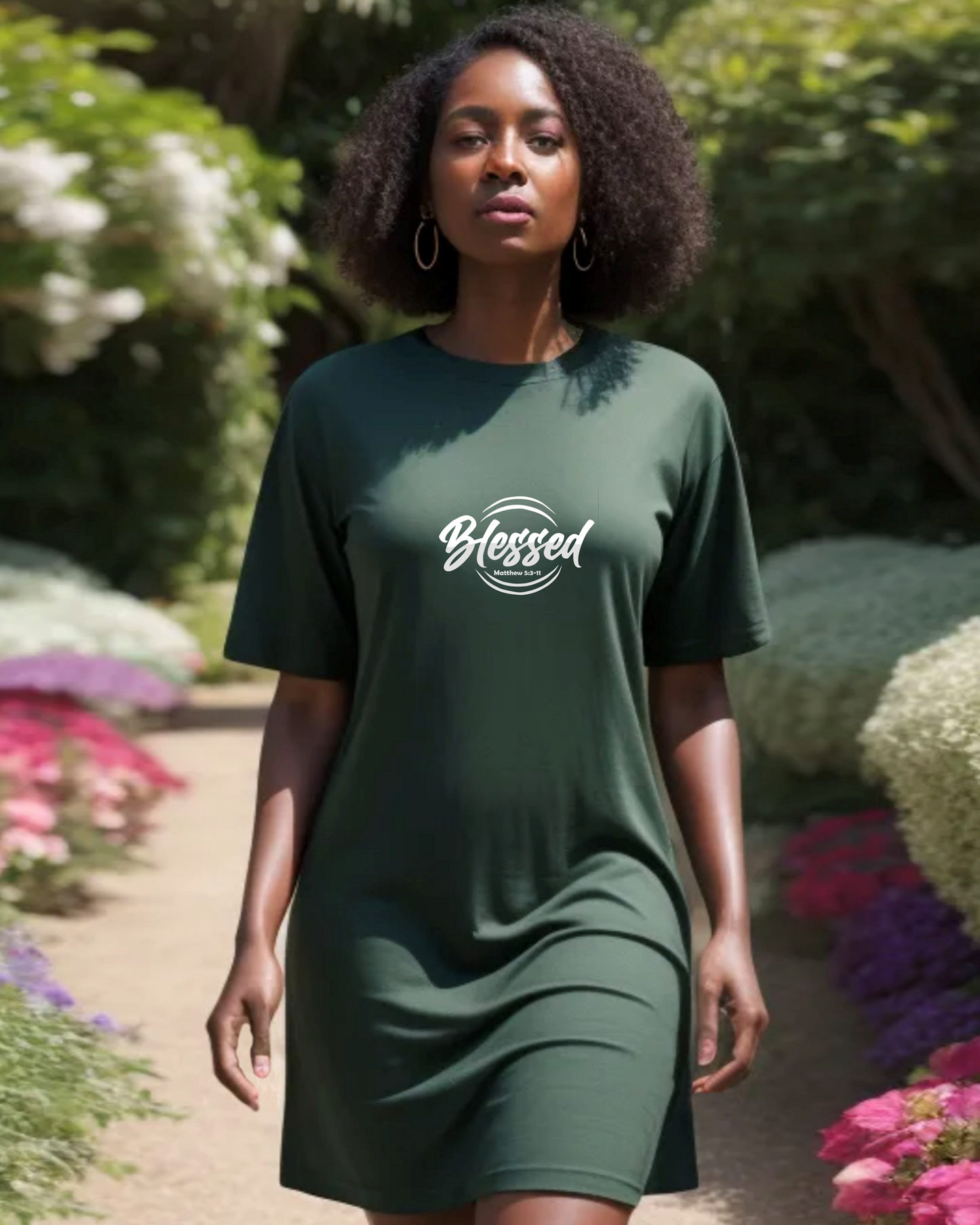 A woman in a garden wearing a dark green Heavenly Dreamwear t-shirt dress with a white logo comprised of the text "Blessed" on top of a broken double circle with a biblical scripture reference beneath the text.