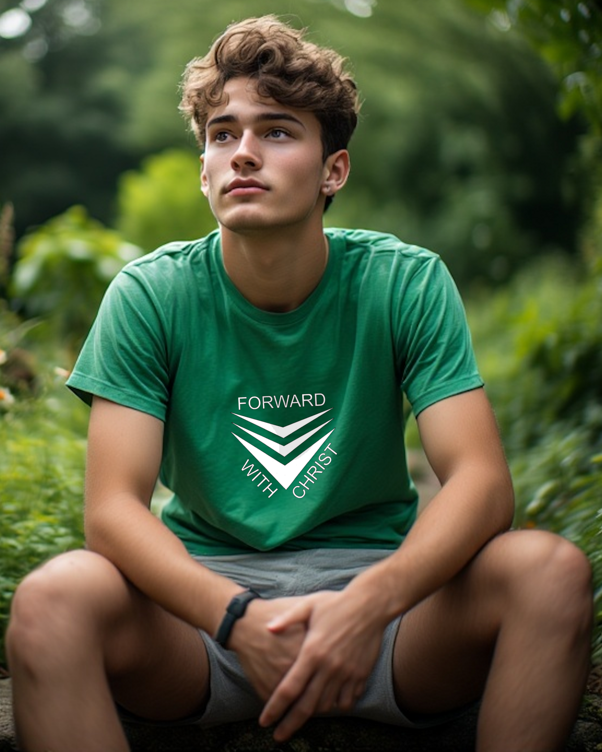 A man sitting in a garden wearing a green short sleeve t-shirt that has a white logo with the words "FORWARD WITH CHRIST" around 3 downward pointing chevrons.