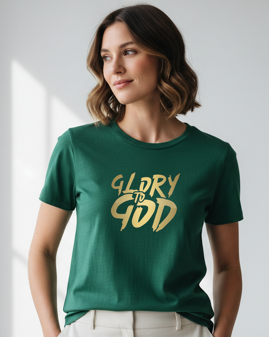 Woman wearing a green t-shirt with 'GLORY TO GOD' text.