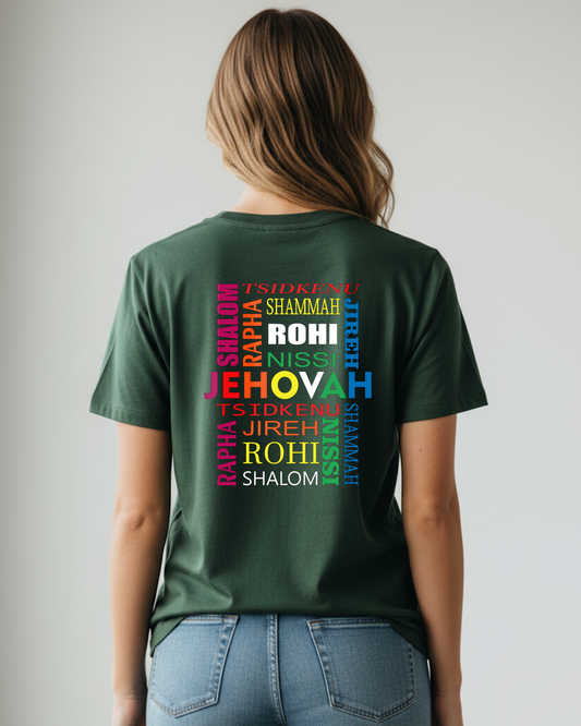 Woman wearing a green t-shirt with text printed on the back and blue jeans against a plain background