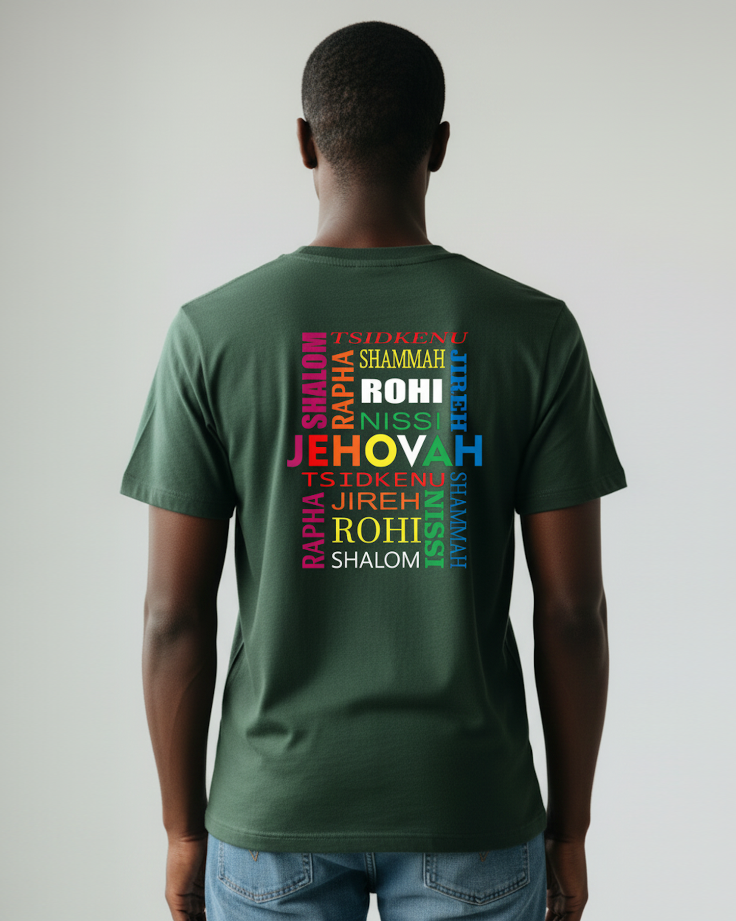 Man wearing a dark green t-shirt with colorful text printed on the back on a white background