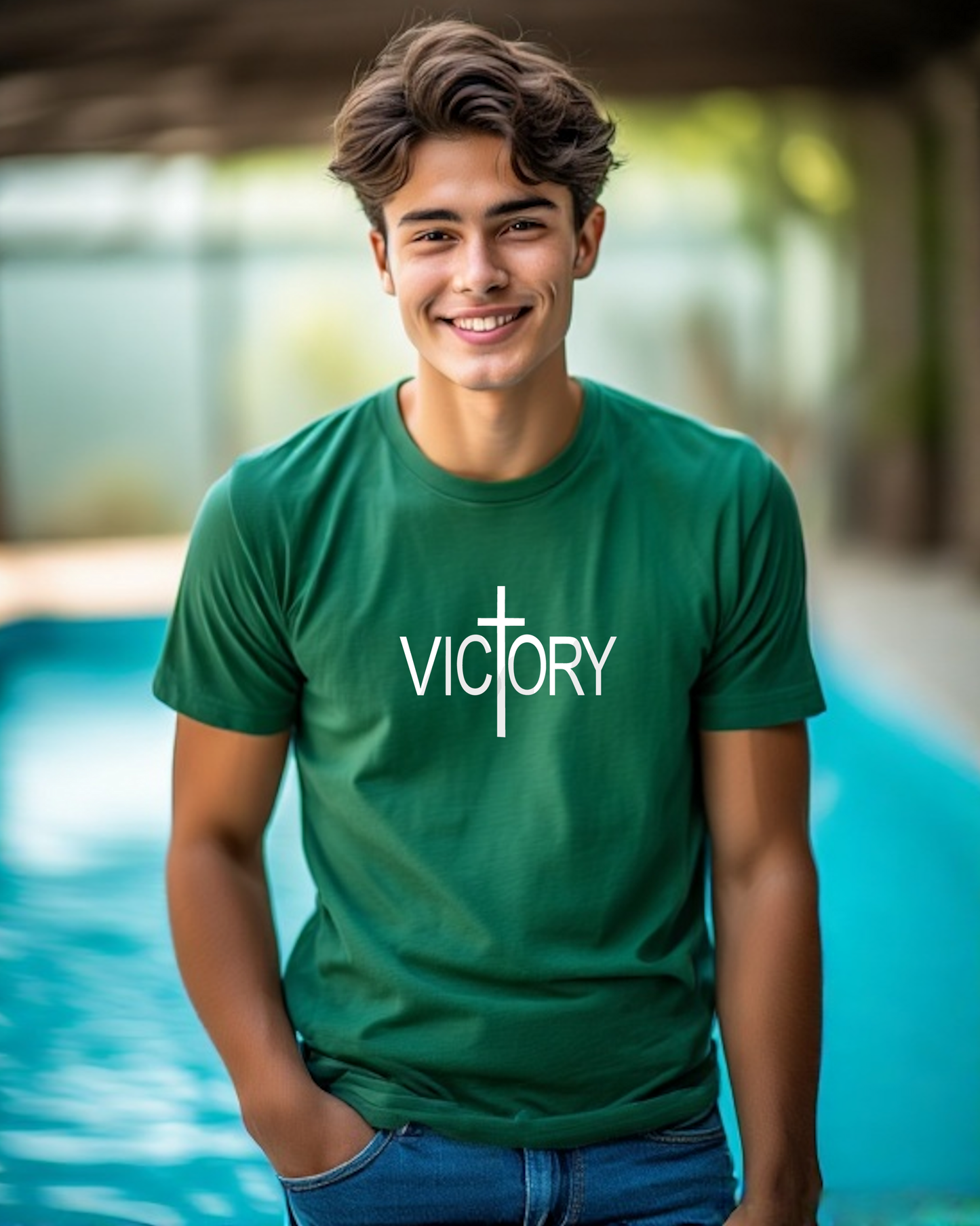 A man wearing a dark green t-shirt with a white Heavenly Dreamwear "Victory" logo printed on the front, standing near a pool.