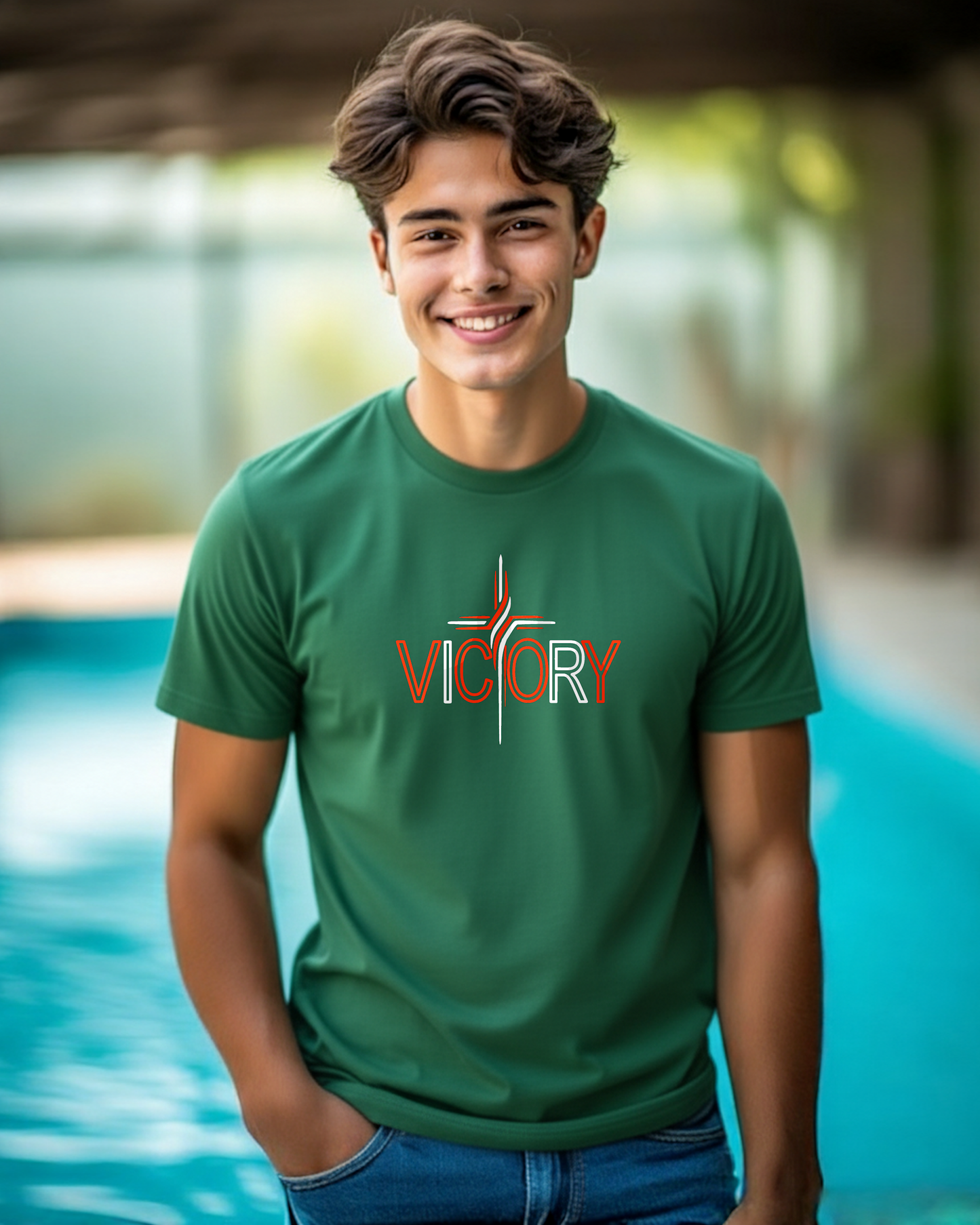 A smiling young man wearing a green t-shirt with a 'VICTORY' graphic in red and white, standing in front of a blurred swimming pool background.