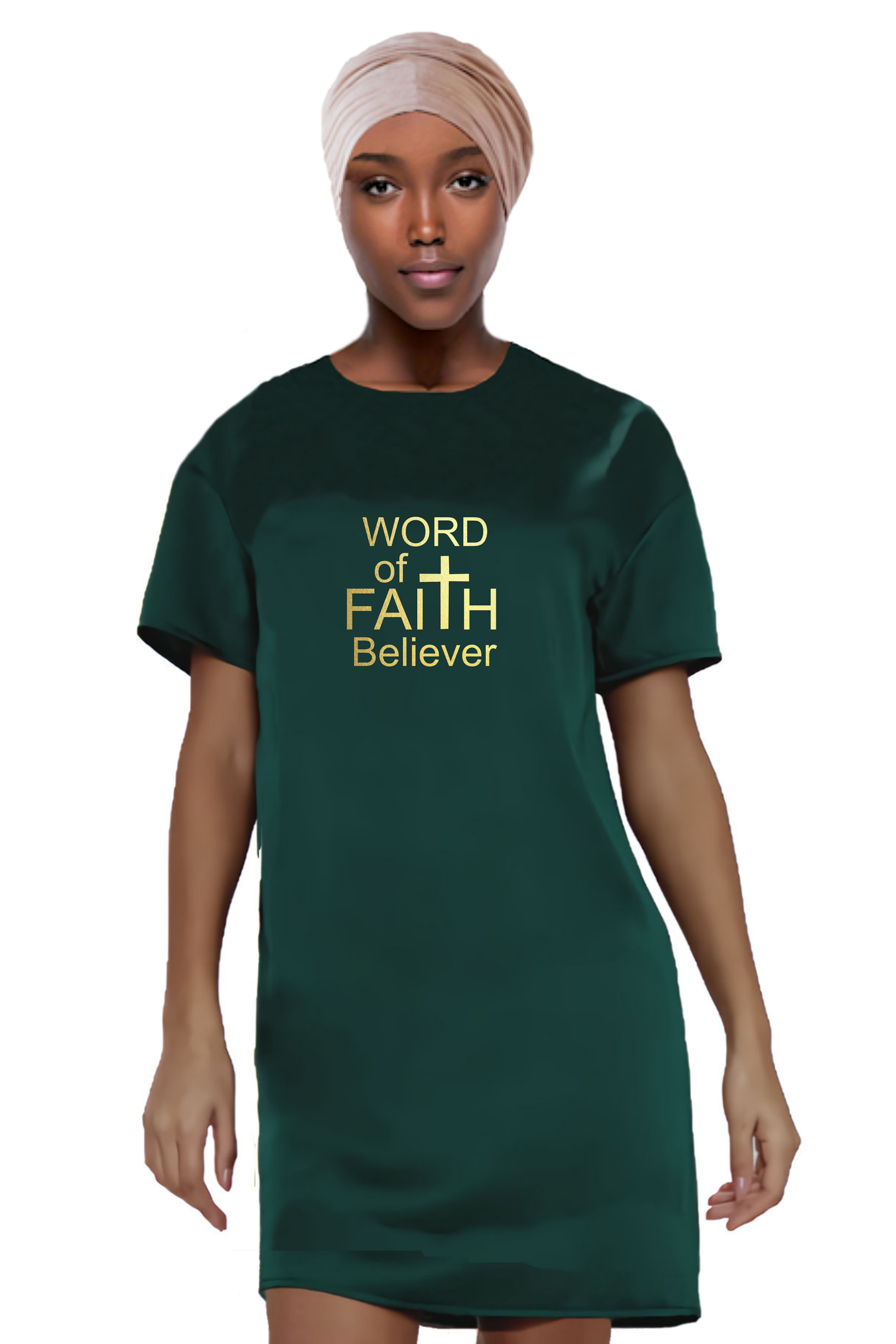 Woman wearing a dark green Heavenly Dreamwear t-shirt dress with the text "Word of Faith Believer" in gold.