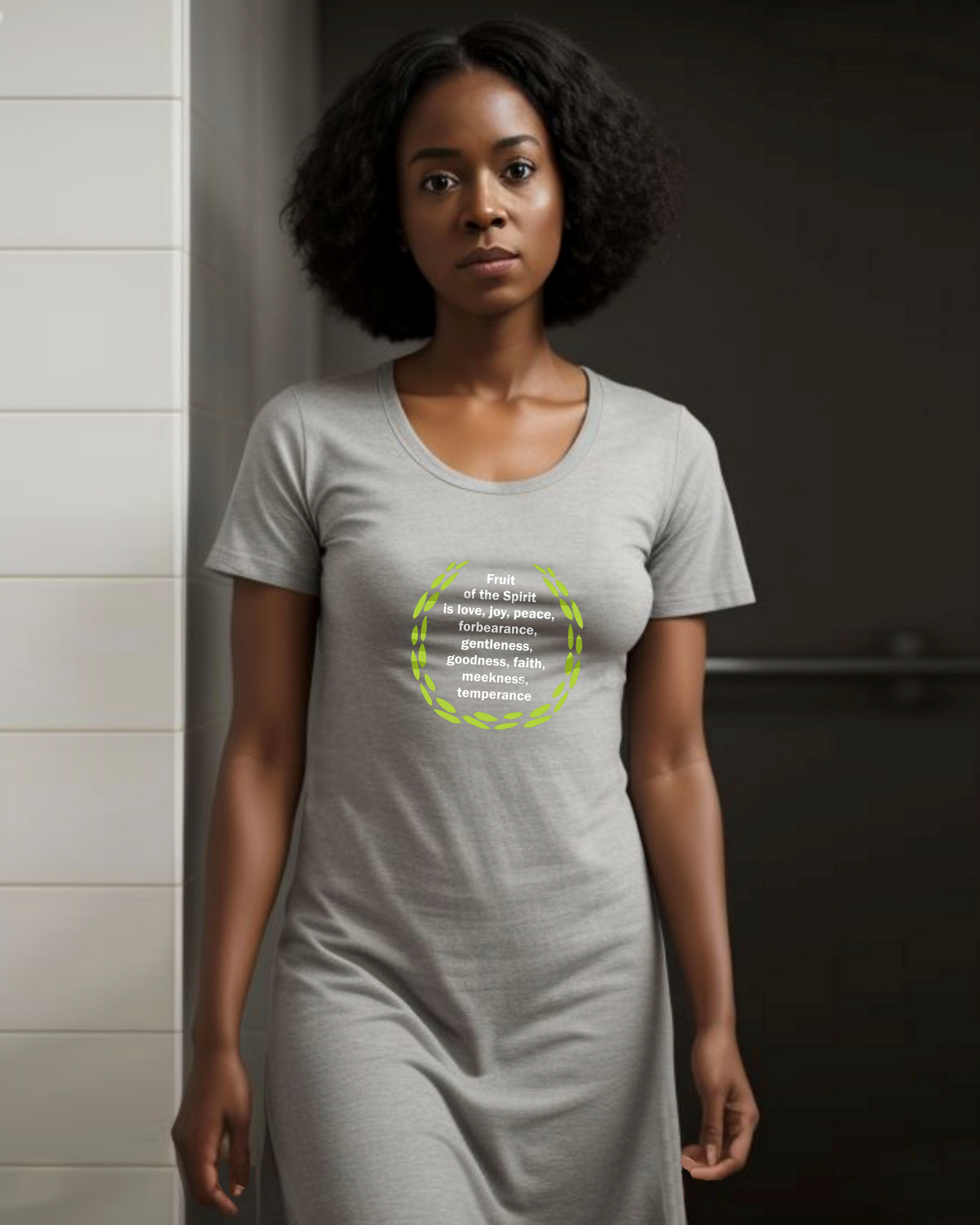 A woman in a bathroom wearing a grey t-shirt dress with a logo stating the fruit of the Holy Spirit in white text surrounded by green leaves.