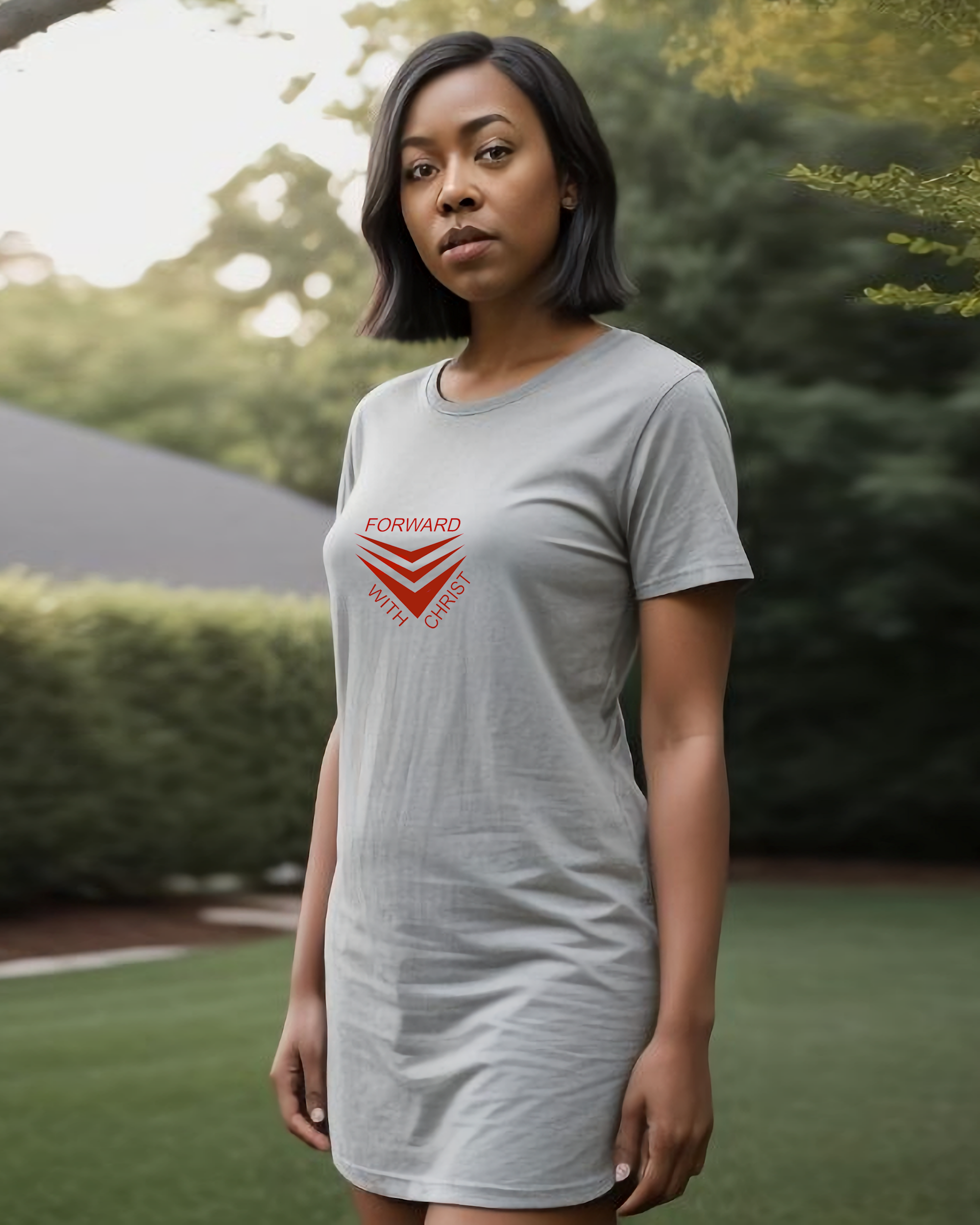 A woman standing in a garden wearing a grey Heavenly Dreamwear t-shirt dress with a red logo made up of  3 chevrons surrounded by the text, "Forward With Christ".