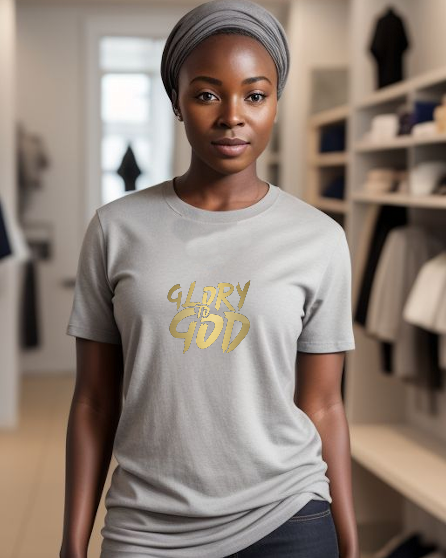 A woman standing in a shop wearing a grey t-shirt with a Heavenly Dreamwear "Glory to God" logo printed in gold on the front.