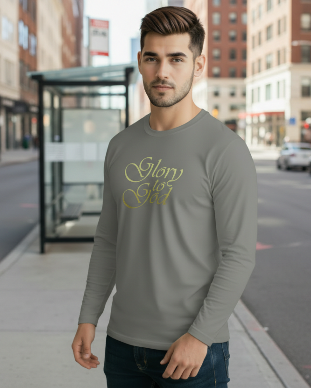 A man wearing a grey long-sleeve t-shirt with 'Glory to God' printed in gold cursive script on the chest, standing outside near a bus stop.