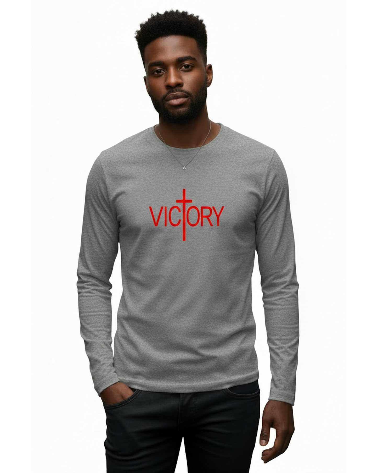Man wearing a gray long-sleeve shirt with 'victory' printed in red on a white background