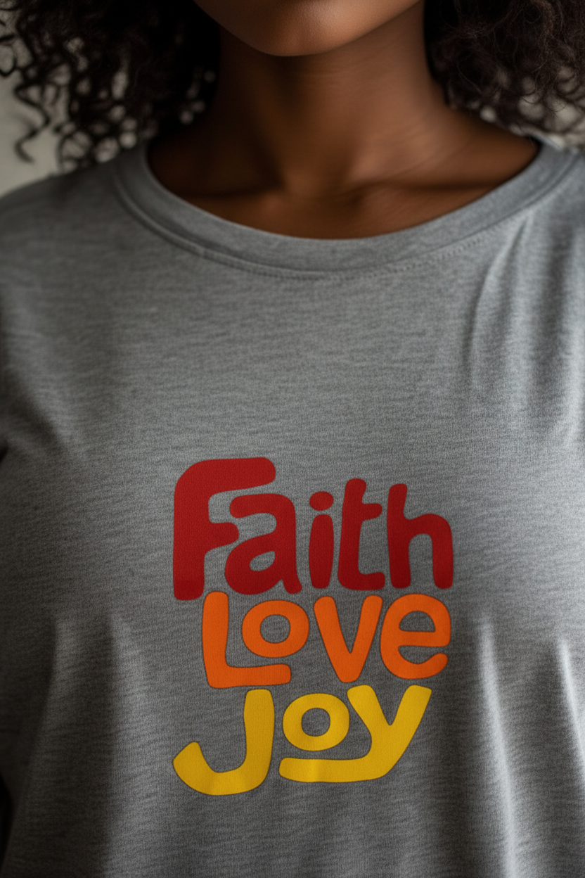 Closeup of neck of a grey t-shirt dress with a 'Faith Love Joy' text logo in red, orange, and yellow worn by a woman. 