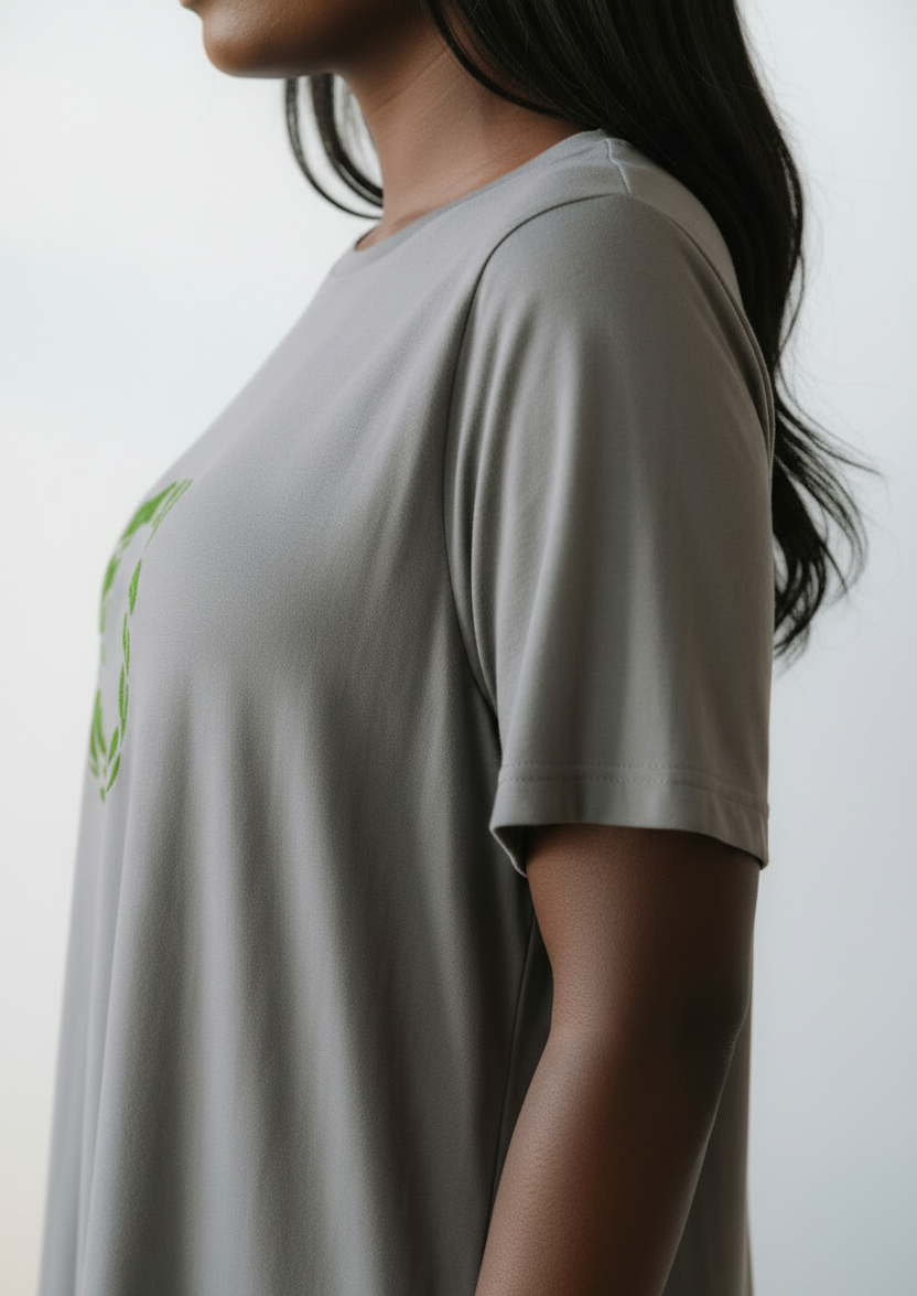 Closeup of sleeve of grey t-shirt dress worn by a woman on a plain background