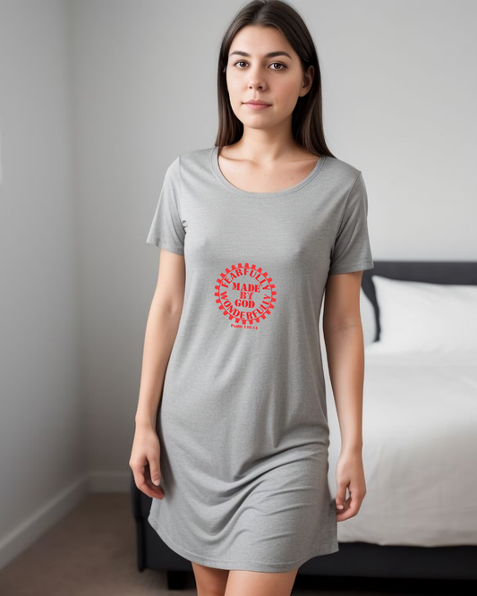 A woman in a bedroom wearing a grey t-shirt dress with a red Heavenly Dreamwear logo comprised of  text "Fearfully Wonderfully Made by God" inside a geared wheel.