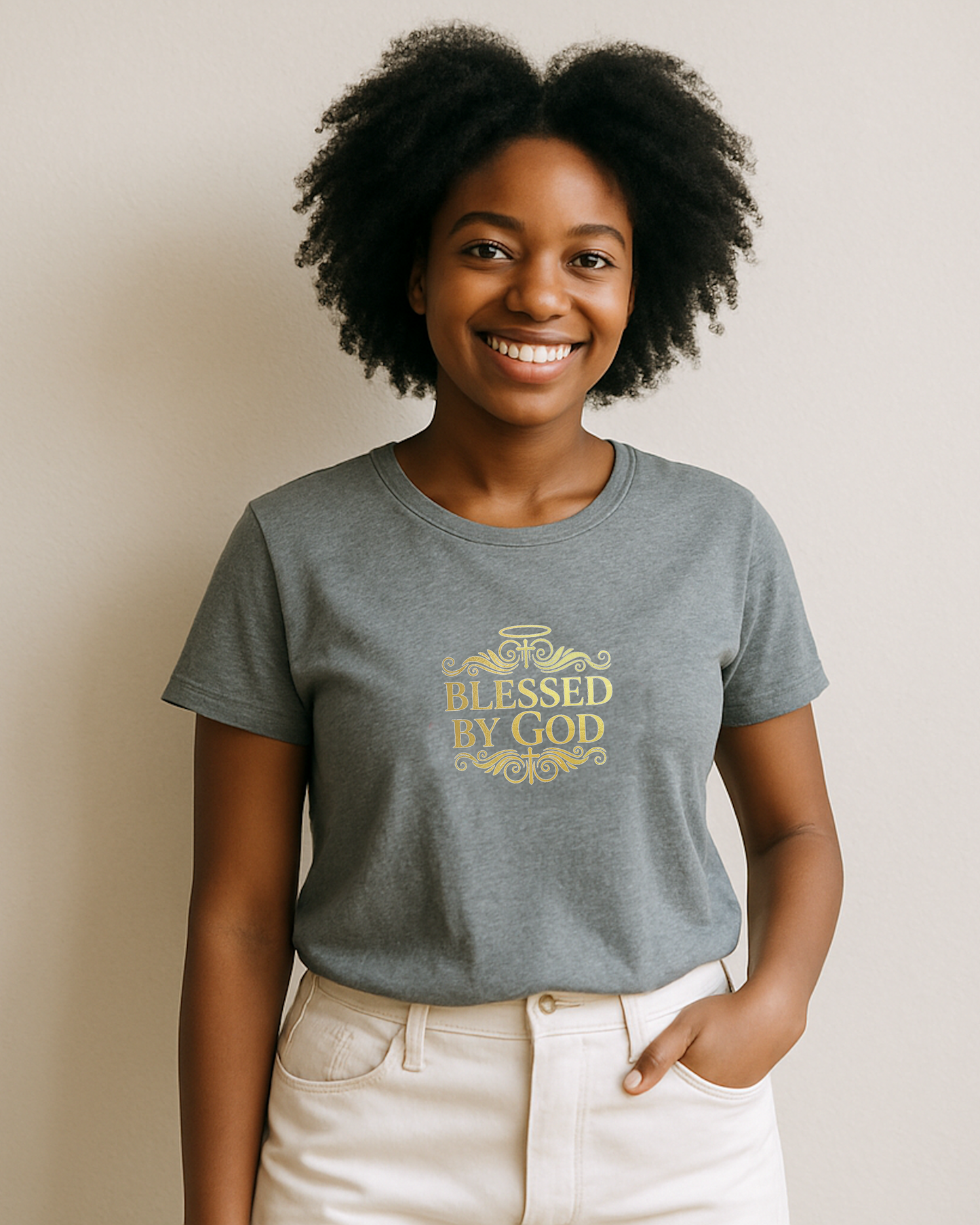 Woman wearing a gray t-shirt with 'Blessed by God' text on a beige background