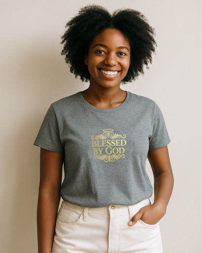 Woman wearing a gray t-shirt with 'Blessed by God' text on a beige background
