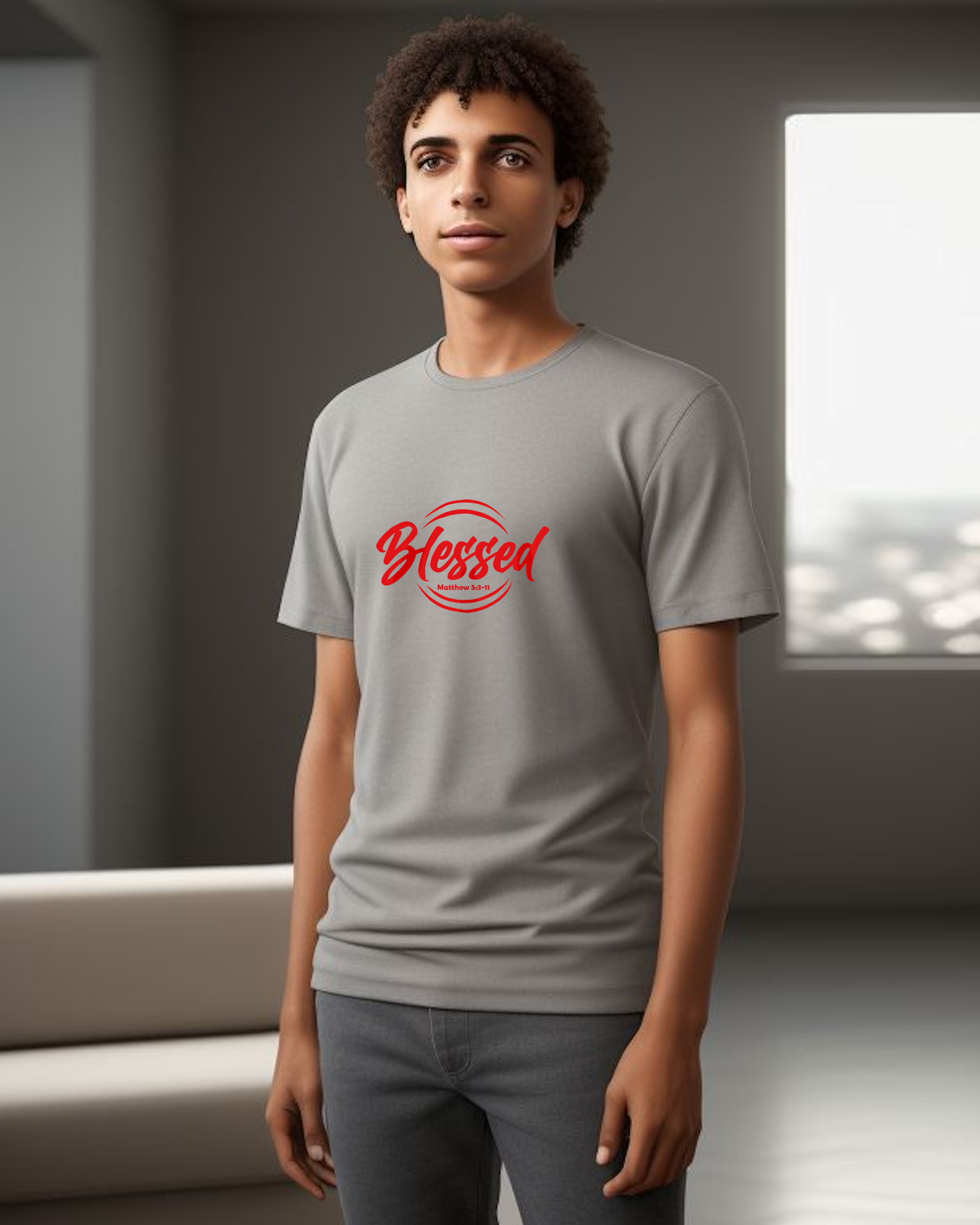 A young man in a lounge wearing a grey t-shirt with a text logo that says 'Blessed'