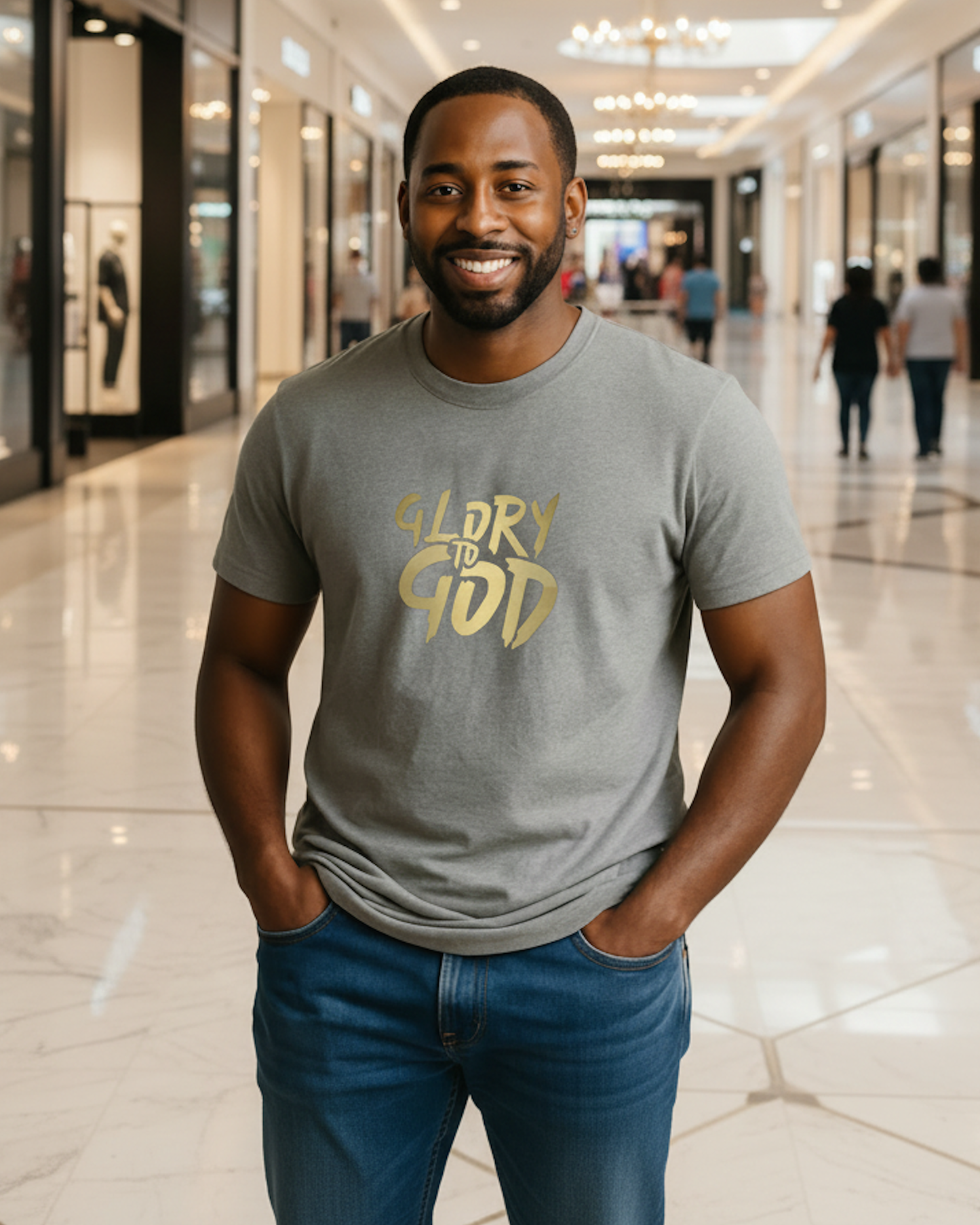 Man wearing a grey t-shirt with 'Glory to God' in gold letters, standing in a mall.