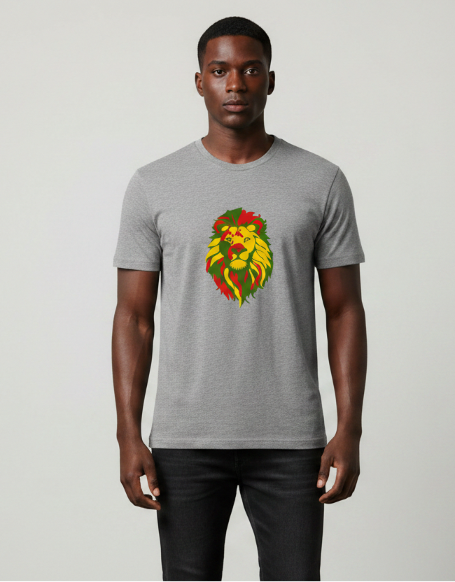A man wearing a heather grey crew neck t-shirt with a red, yellow and green lion graphic on the chest, paired with black pants, standing against a light gray studio background.