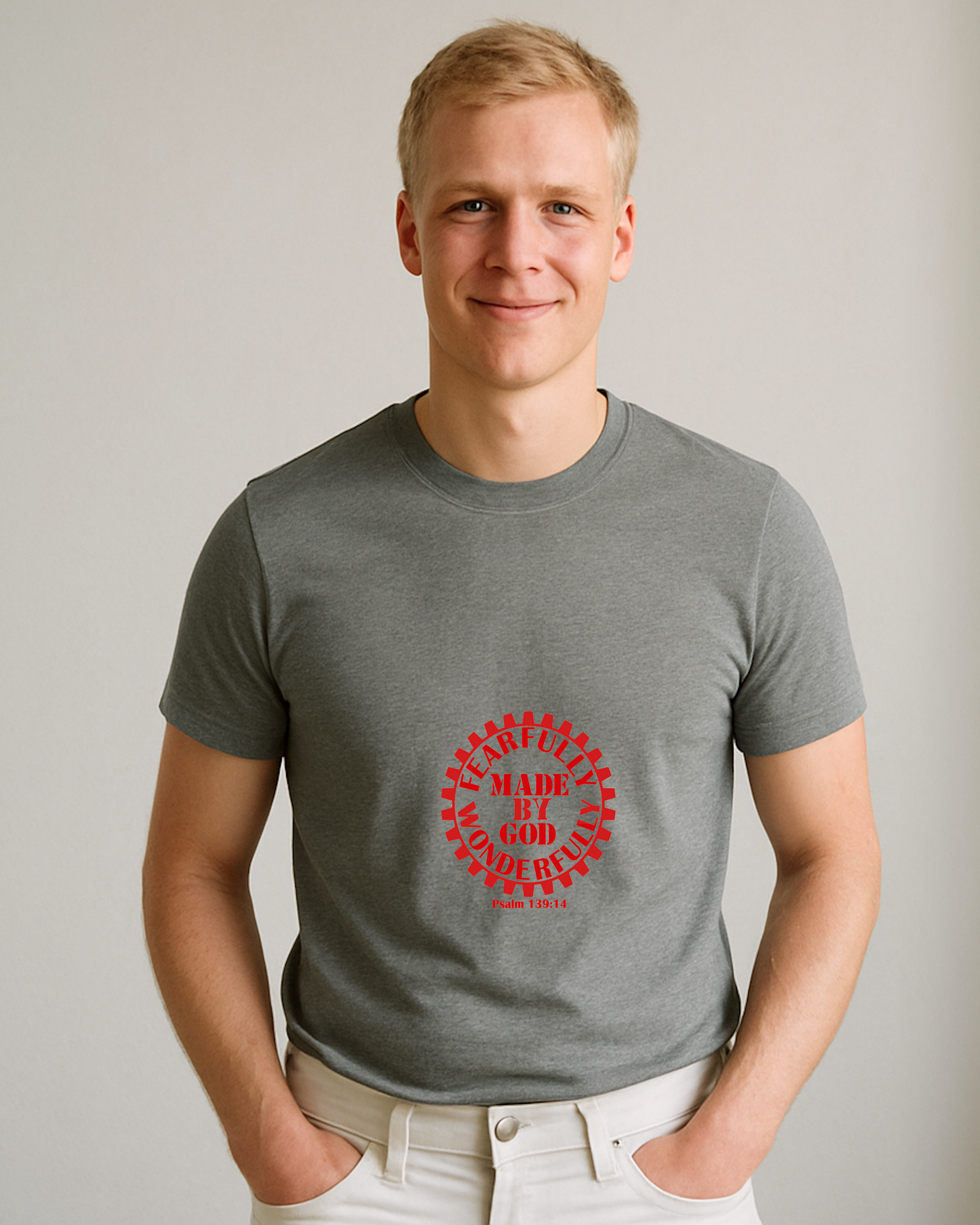 A man standing wearing a grey t-shirt with a red Heavenly Dreamwear logo with the text "Fearfully Wonderfully Made by God" inside a geared wheel.